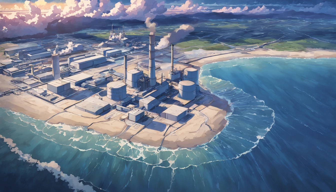 Depicting the appearance of the Fukushima nuclear power plant, Show the discharge outlet to dump contaminated water into the ocean. Emphasize the contrast between nuclear power plants and the vast sea