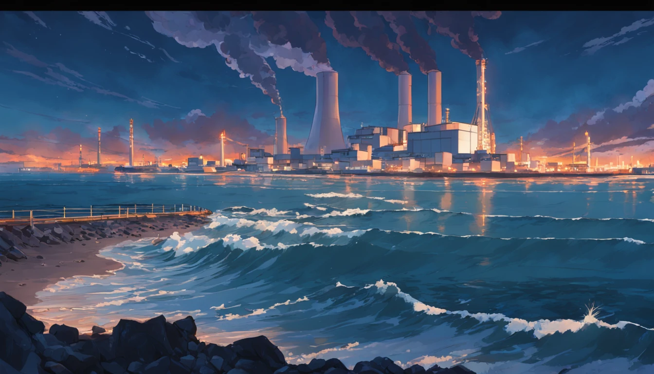 Depicting the appearance of the Fukushima nuclear power plant, Show the discharge outlet to dump contaminated water into the ocean. Emphasize the contrast between nuclear power plants and the vast sea