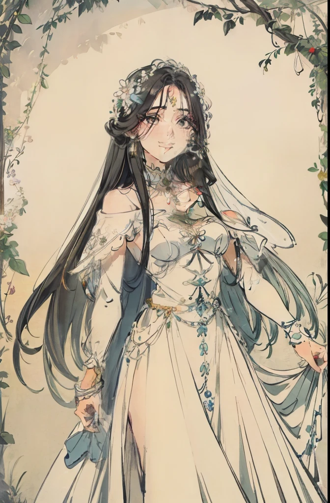 uma mulher, cabelos pretos, olhos negros, peito pequeno, sorriso gentil e calmo, usando um vestido branco feito de flores