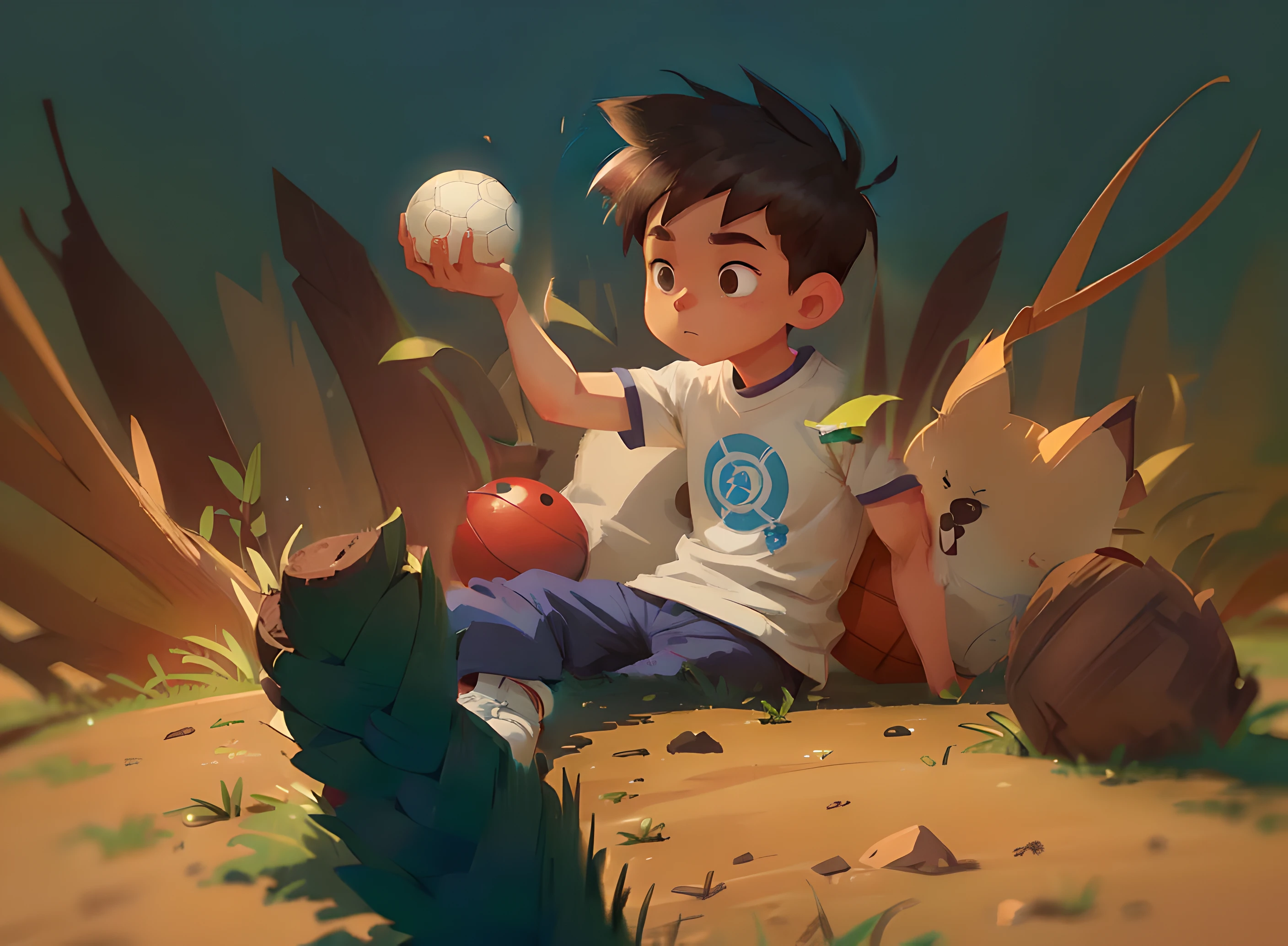Cartoon boy sitting on the floor with a single boy concept art ball, "Cartoon boy sitting on the floor with a ball, arte conceitual do menino solteiro, Menino jovem, muscular arms,