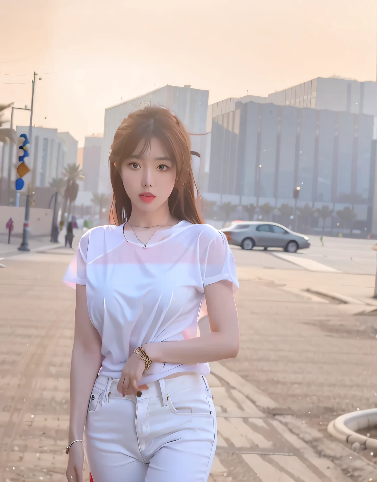 A woman in a white shirt and jeans stands in a desert area, beautiful Korean women, Korean girl, Chinese girl, Gorgeous young Korean woman, Attractive girl, Beautiful young Korean woman, Korean woman, Anime girl in real life, Very beautiful girl, photo of slim girl model, gorgeous chinese models, Beautiful girl model, Attractive pose, dressed in a white t-shirt