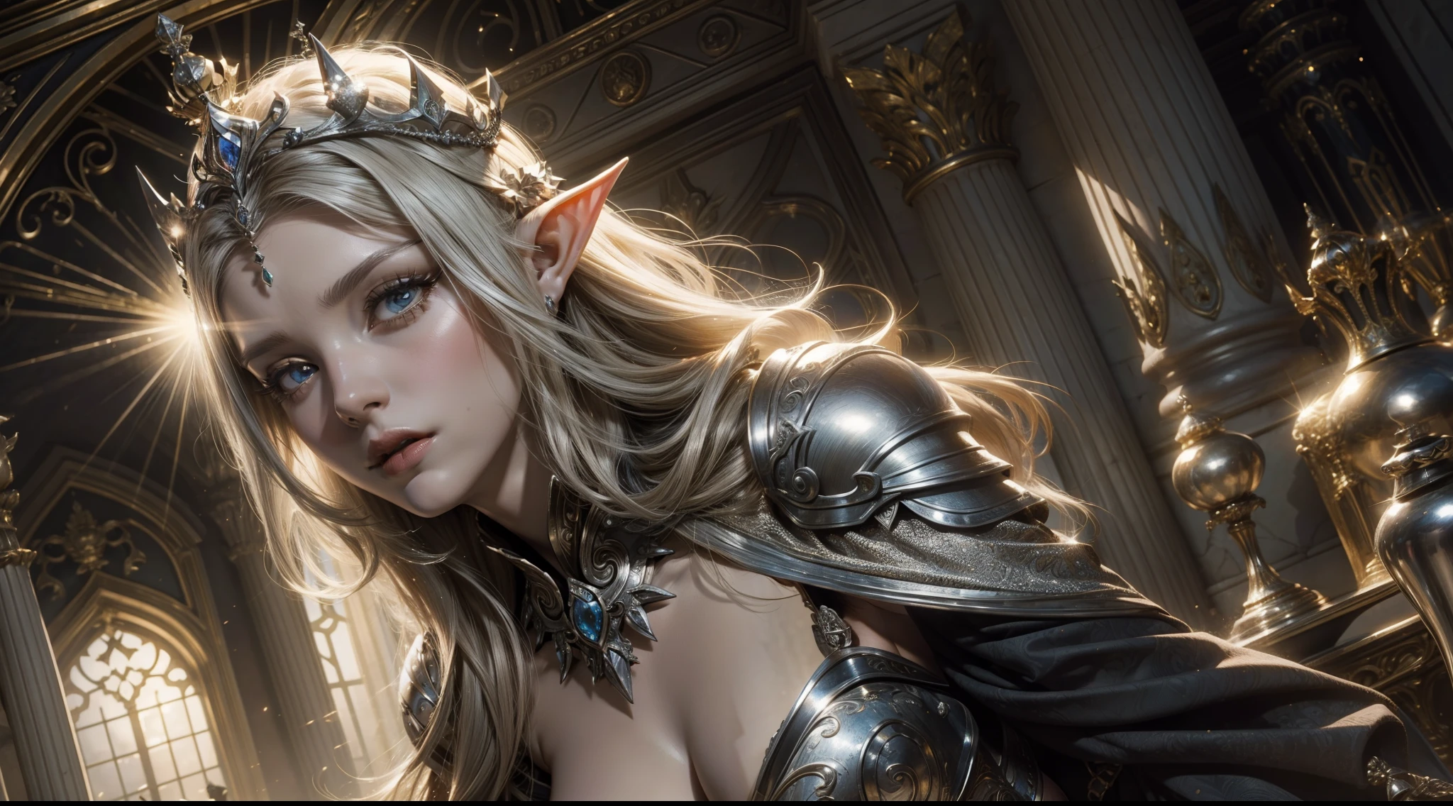 Female elf,Large breasts,Silver armor,tiara crown,dramatics,dynamicposes,The background is the palace,(Mid-range portrait:1.3),rays of sunshine,sceptre