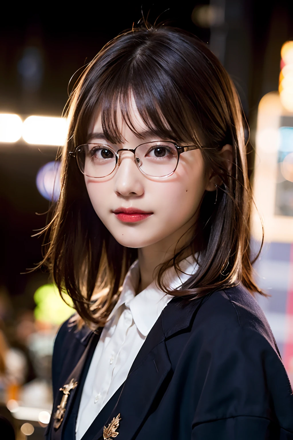(8K、Raw photography、top-quality、masterpiece:1.2)、(realisitic、Photorealsitic:1.37)、ultra-detailliert、超A high resolution、女の子1人、see the beholder、beautifull detailed face、Smile like a girl、Constriction、(Slim waist) :1.3)、Wearing a uniform、Beautiful detailed skin、Skin Texture、Floating hair、Professional Lighting、On stage、Square glasses with black rimming 、Whole human body、Brown hair