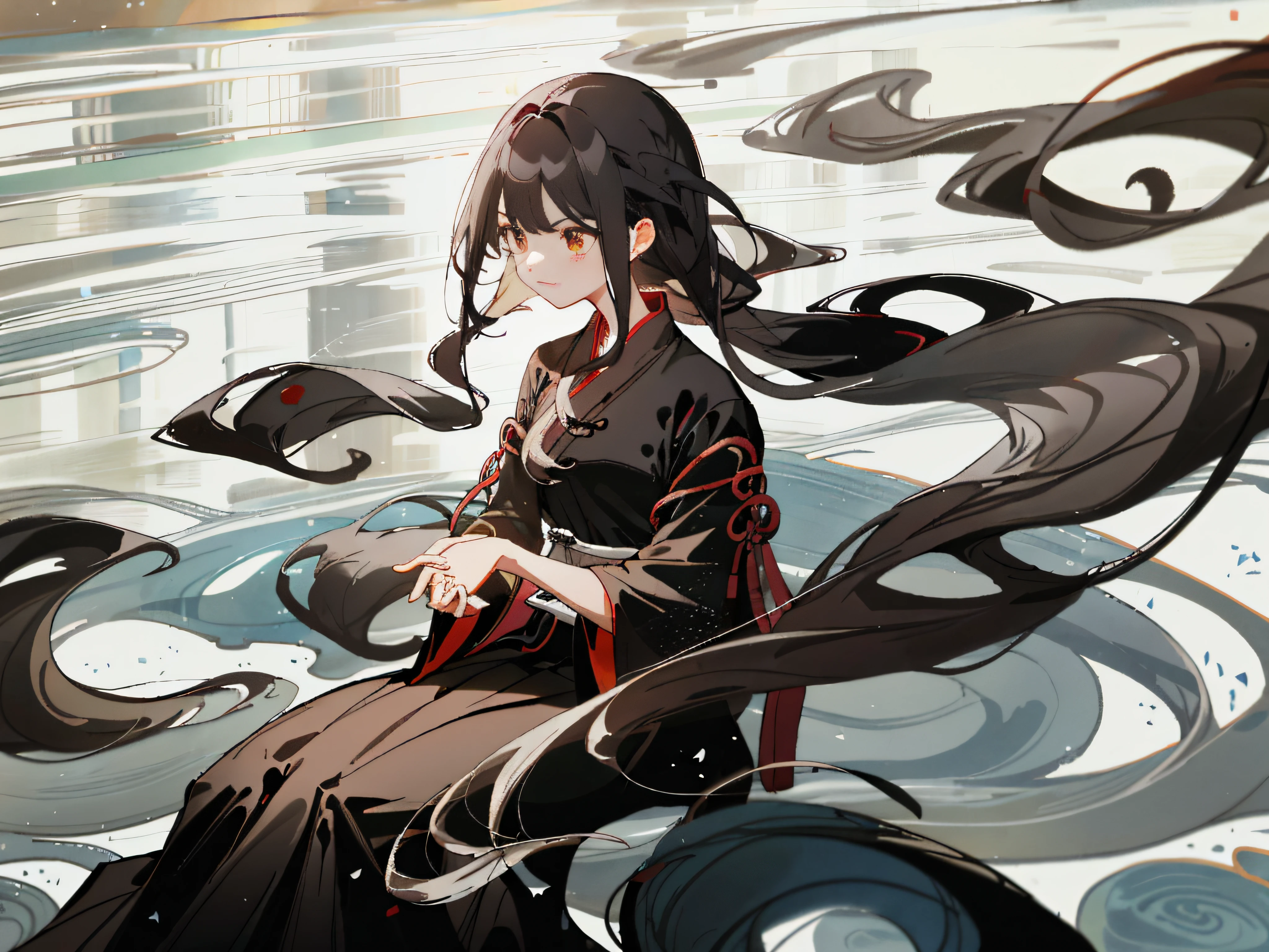 classroom,sitting,blank stare,moody lighting,1girl,1girl,Black hair,Brown Eye,gufeng,Very long Hanfu,Fine clothing details,Black Hanfu,Black clothing,