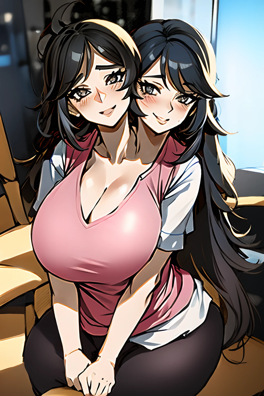 2heads, a short fat woman with 2 heads. She has extremely massive breasts. She looks playful and seductive. She is blushing. She has big fat breasts. She has long straight hair in a ponytail. She is inside a city office building with a window. She is wearing a colorful vest with nothing underneath. She is wearing leggings. She has enormous breasts. She has full detailed lips. She looks mature. She is very fat. She is short. She looks happy. She has a motherly appearance. Her breasts are gigantic.