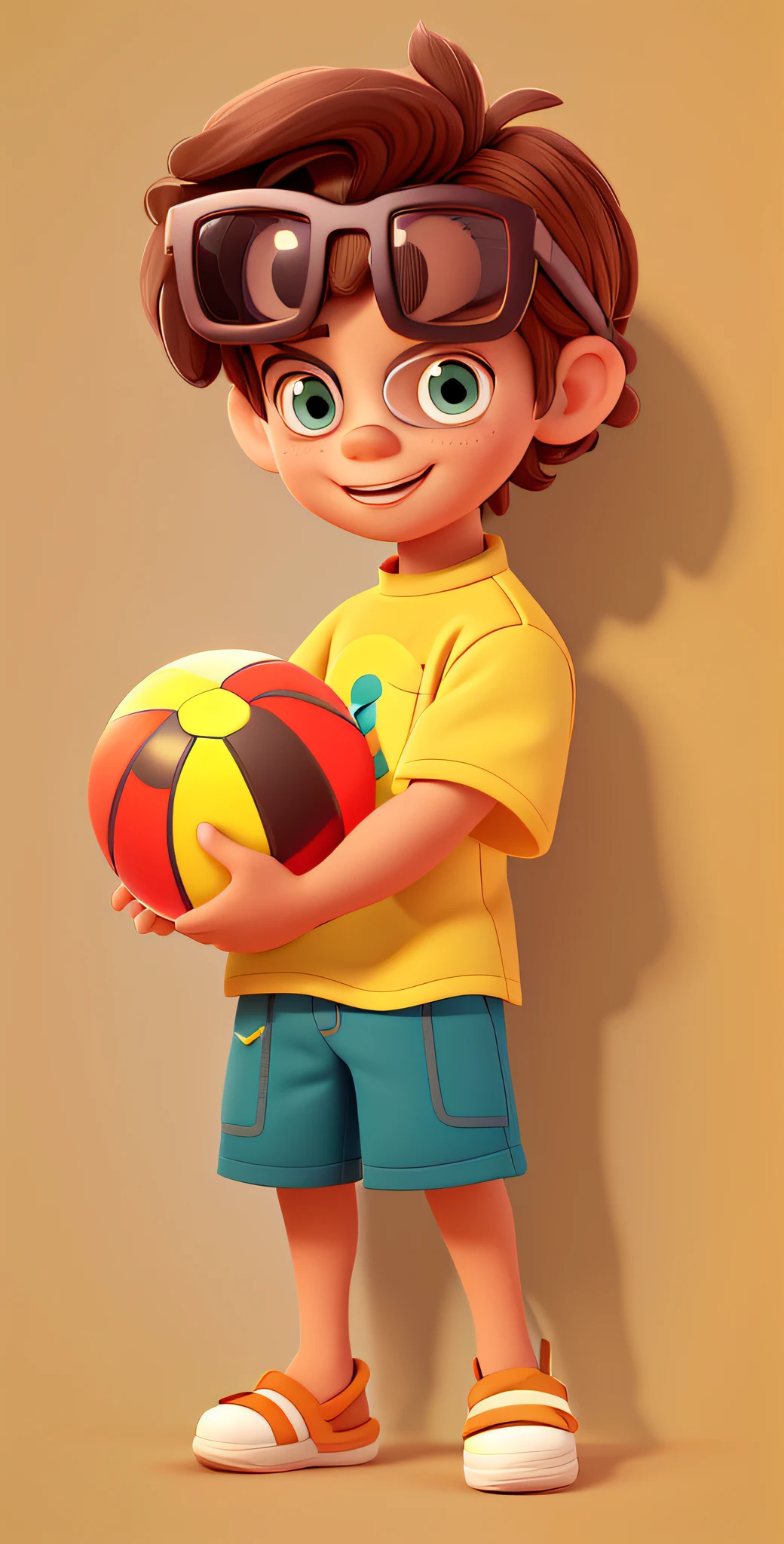 A cartoon boy in sunglasses holds a beach ball and a ball, Short yellow sleeves，Teal shorts，Red shorts pocket，Black sandals，brown  hair，with brown eye，Show your toes，Art for Children, stylized character, 2 d render, full body character, Game character, concept art of single boy, an animated character, full body portrait of a short!, Stylized character design, cartoon character, Cartoon style illustration, cartoon digital painting, full body character portrait, 2 d illustration