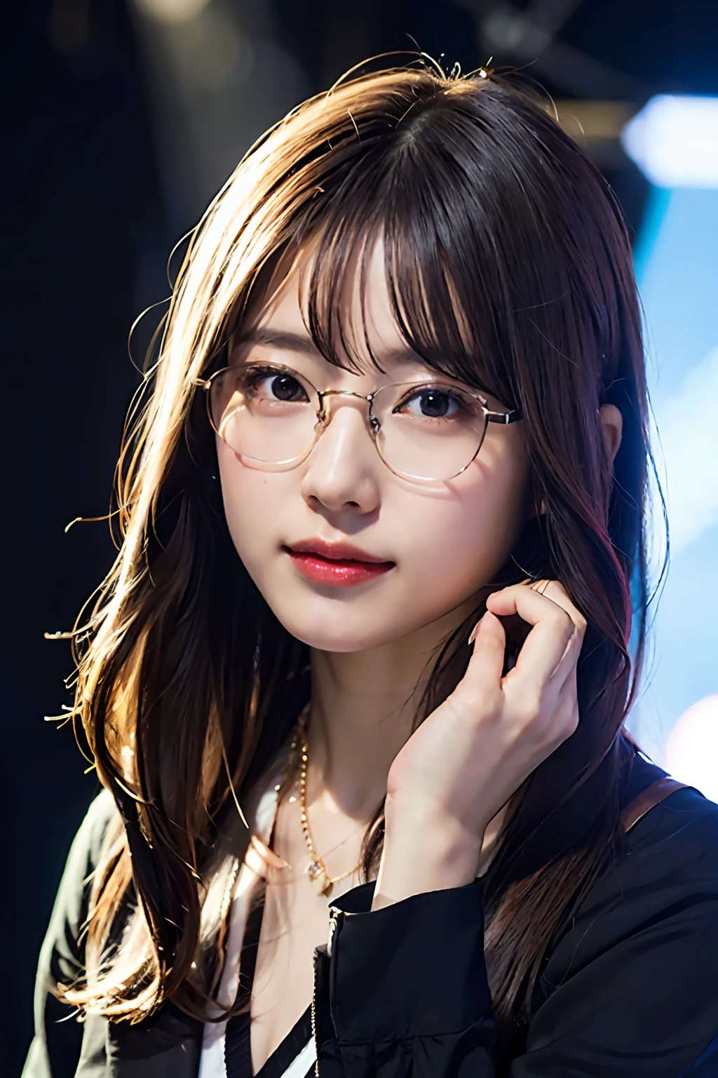 (8K、Raw photography、top-quality、masterpiece:1.2)、(realisitic、Photorealsitic:1.37)、ultra-detailliert、超A high resolution、1人、see the beholder、beautifull detailed face、Smile like a girl、Constriction、(Slim waist) :1.3)、Wearing a uniform、Beautiful detailed skin、Skin Texture、Floating hair、Professional Lighting、On stage、Square glasses with black rimming 、Whole human body、Brown hair