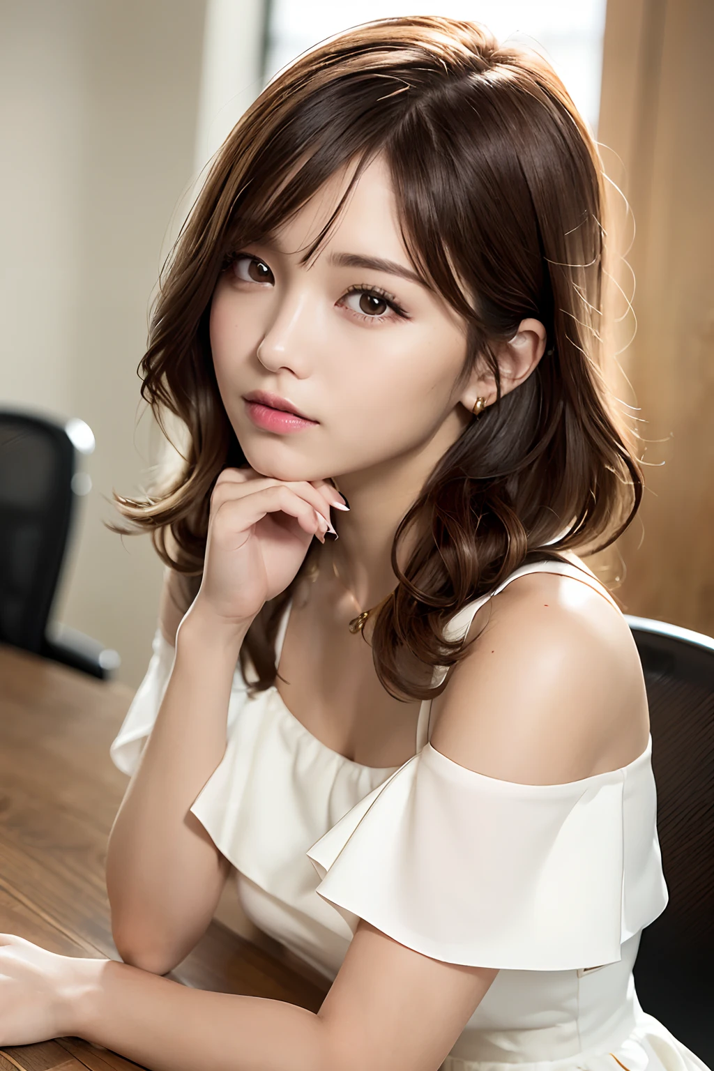 (Masterpiece:1.3), high resolution, Ultra detailed, Extremely detailed Cg Unity 8K wallpaper, Realistic, photo-realistic, RAW photo, Beautiful detailed face, Pale skin, realistic glittering skin, Detailed cloth texture, Detailed hair texture, Perfect body, Beautiful face, Accurate, Anatomically correct, Highly detailed face and skin texture, Natural neck length, (Beautiful hands), (Fair skin:1.2), Thin legs, Thin feet,
Break,
Detailed eyes, symetrical eyes, Light brown eyes, Double eyelids, Thin eyebrows, (Glossy lips:1.4), ((Wait for a kiss:1.2)), (Blush:1.1),
Break,
(Elegant and cute girl:1.3), (Wear an elegant off-the-shoulder white shirt), (Orange flared skirt:1.2),
Medium breasts, (Slender figure:1.1), Perfect figure, Firm Abs, Beautifulcollarbone,
(dark gold hair, Wavy hair, Long hair:1.3), ((Asymmetrical bangs:1.2)), (upperbody shots:1.2), view the viewer, (From the side Side:0.65),
Break,
(Sit against the table), ((Elbows resting on the table,Gently lift your chin:1.3)),
(In a common workspace), ((Modern office in Japan)),