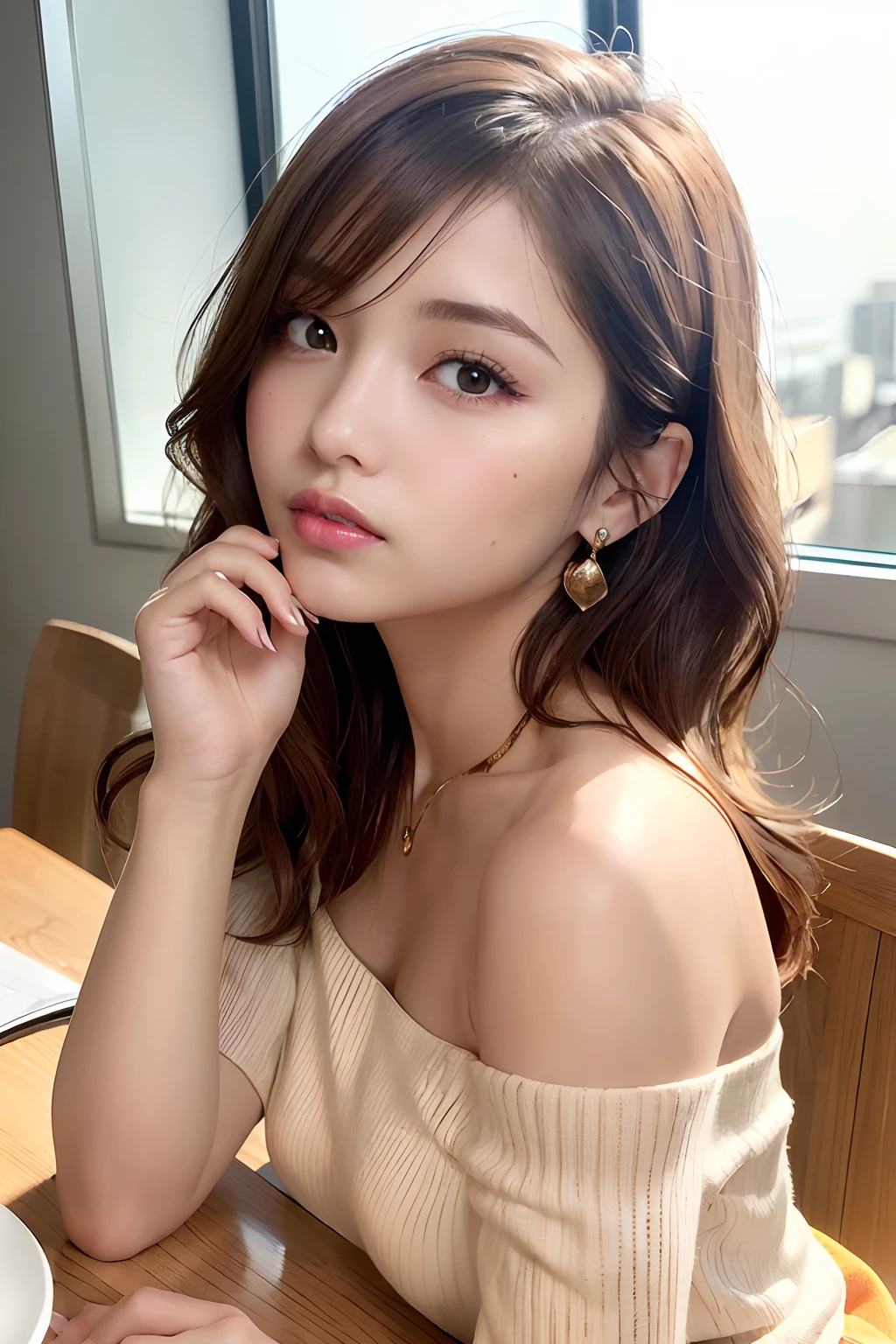 (Masterpiece:1.3), high resolution, Ultra detailed, Extremely detailed Cg Unity 8K wallpaper, Realistic, photo-realistic, RAW photo, Beautiful detailed face, Pale skin, realistic glittering skin, Detailed cloth texture, Detailed hair texture, Perfect body, Beautiful face, Accurate, Anatomically correct, Highly detailed face and skin texture, Natural neck length, (Beautiful hands), (Fair skin:1.2), Thin legs, Thin feet,
Break,
Detailed eyes, symetrical eyes, Light brown eyes, Double eyelids, Thin eyebrows, (Glossy lips:1.4), ((Wait for a kiss:1.2)), (Blush:1.1),
Break,
(Elegant and cute girl:1.3), (Wear an elegant off-the-shoulder white shirt), (Orange flared skirt:1.2),
Medium breasts, (Slender figure:1.1), Perfect figure, Firm Abs, Beautifulcollarbone,
(dark gold hair, Wavy hair, Long hair:1.3), ((Asymmetrical bangs:1.2)), (upperbody shots:1.2), view the viewer, (From the side Side:0.65),
Break,
(Sit against the table), ((Elbows resting on the table,Gently lift your chin:1.3)),
(In a common workspace), ((Modern office in Japan)),