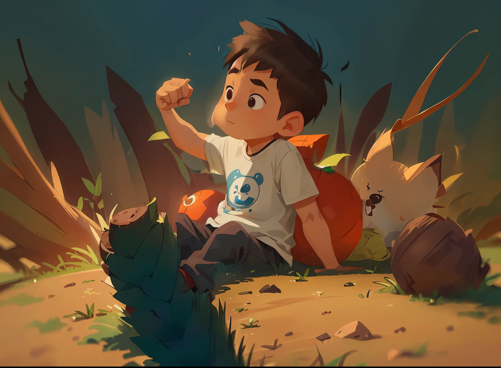 Cartoon boy sitting on the floor with a single boy concept art ball, "Cartoon boy sitting on the floor with a ball, arte conceitual do  solteiro, Menino, muscular arms,
