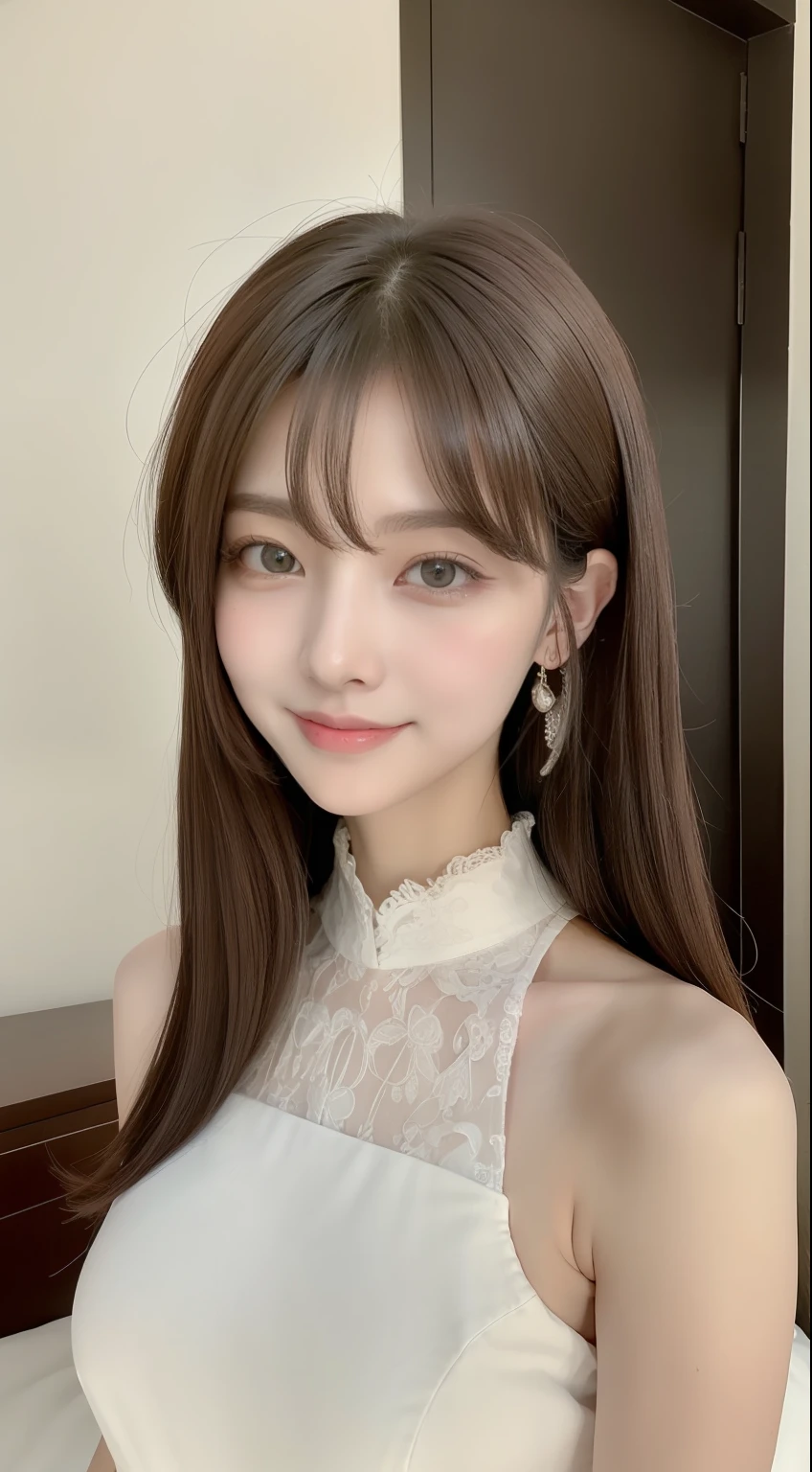 ((bestbestquality,8K,Master masterpiece:1.3)), 1 girl in, A smile, 7 points of the body, Slim Face, Beautiful woman, (dark brown hair), full length dress :1.1, White clothes,Super Detailed Face, Detailed eyes, 二重まぶた, blur backgroun, Bedrooms, inside in room, Bedrooms,
