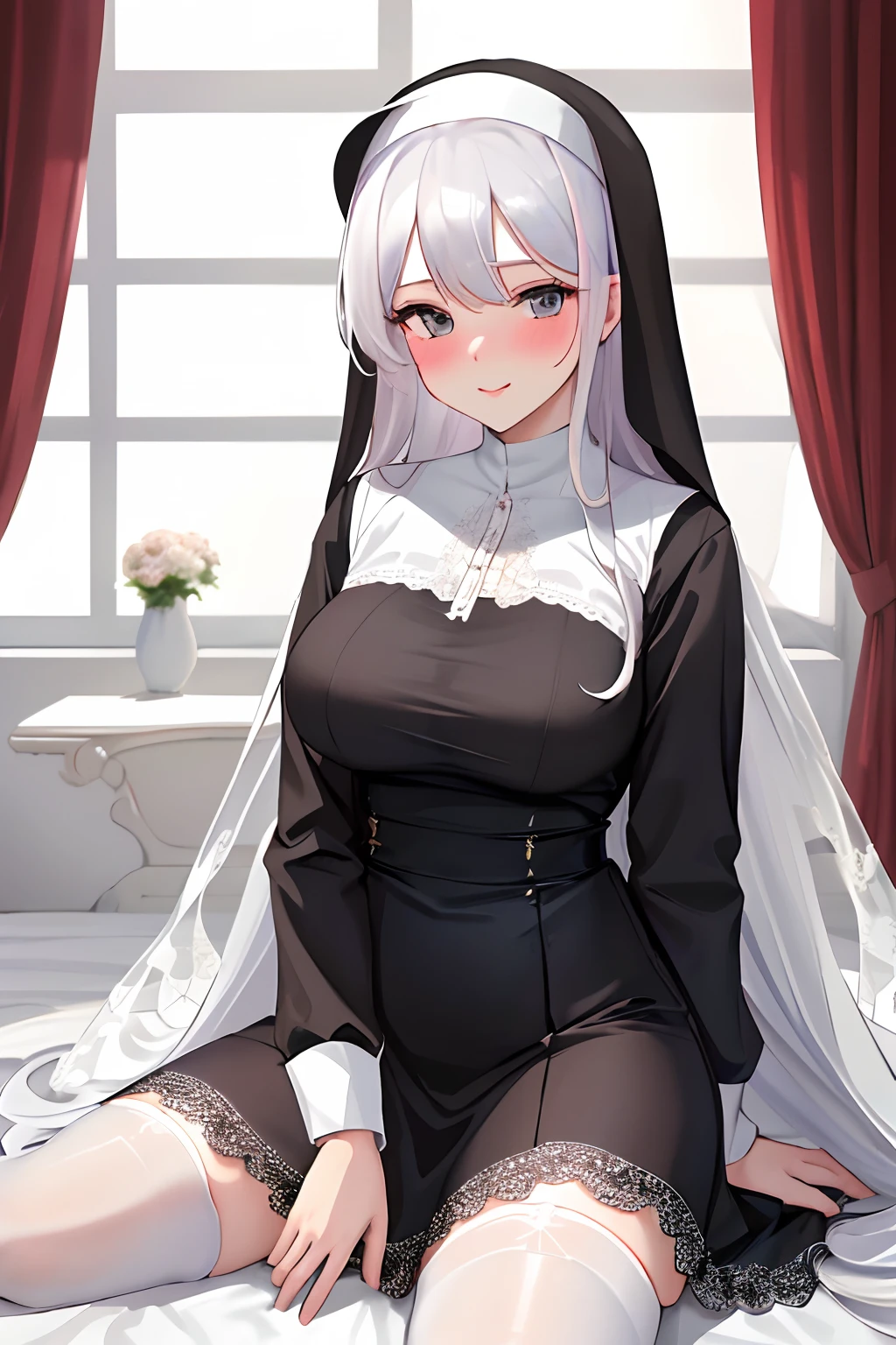 (Masterpiece), (Best quality), (Ultra detailed), 18 years old，Nuns，sexyposture, Blush,Medium breasts, Casual clothes, cheerfulness, view the viewer, Long hair, Pure white hair, Sitting on a white bed in the hotel， Shy，with hands resting on knees，White lace-trimmed stockings，looking toward the viewer，
