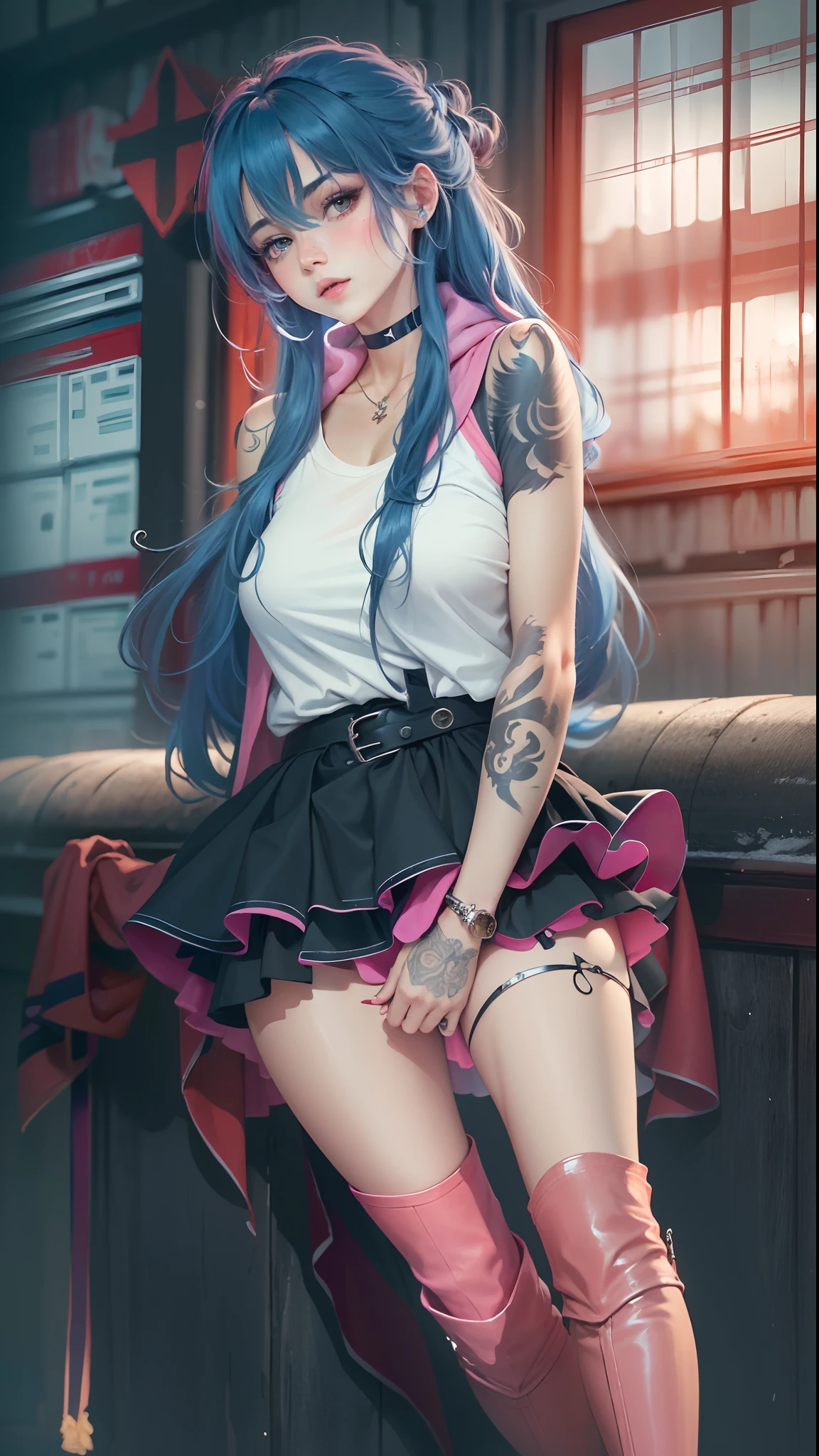 (masterpiece, best quality), 1girl, long hair, blue hair, white T-shirt, black vest, pink skirt, red scarf, tattoos, choker, pink riding boots, stockings, night