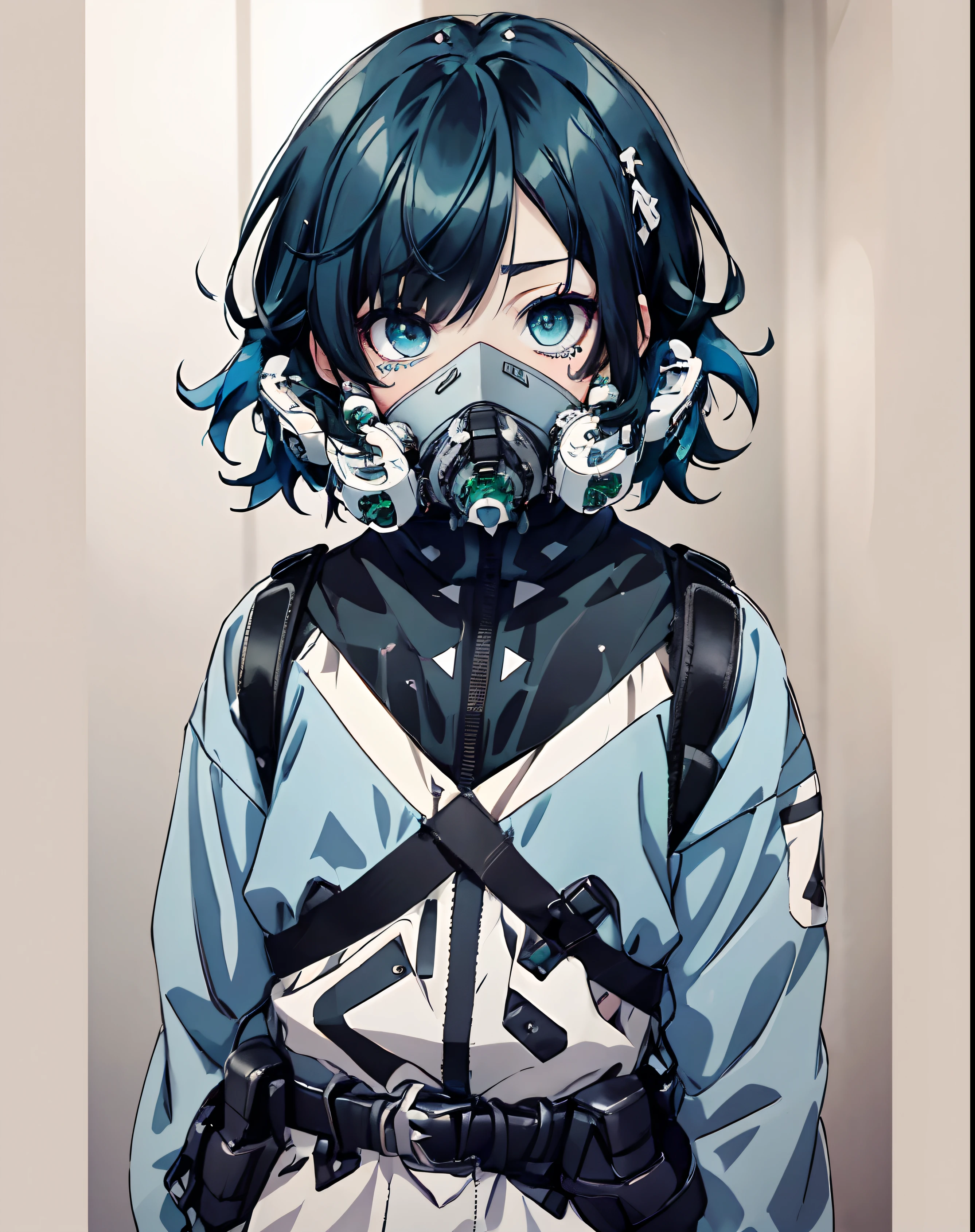 masutepiece, Best Quality, 1 boy, Cowboy Shot, Looking at Viewer, (((Black_hair))), (((Green_Eyes))), hitornfreckles, Short hair, hair messy, face to the viewer, Centered, urbansamurai , Light blue techwear jacket、with buckle and tape, Wearing a light blue and white SF Tech mask, ((Light blue hair on the front)), Dark circles under the eyes,hitornfreckles, 鎖骨, (corneo_Gothic makeup),
