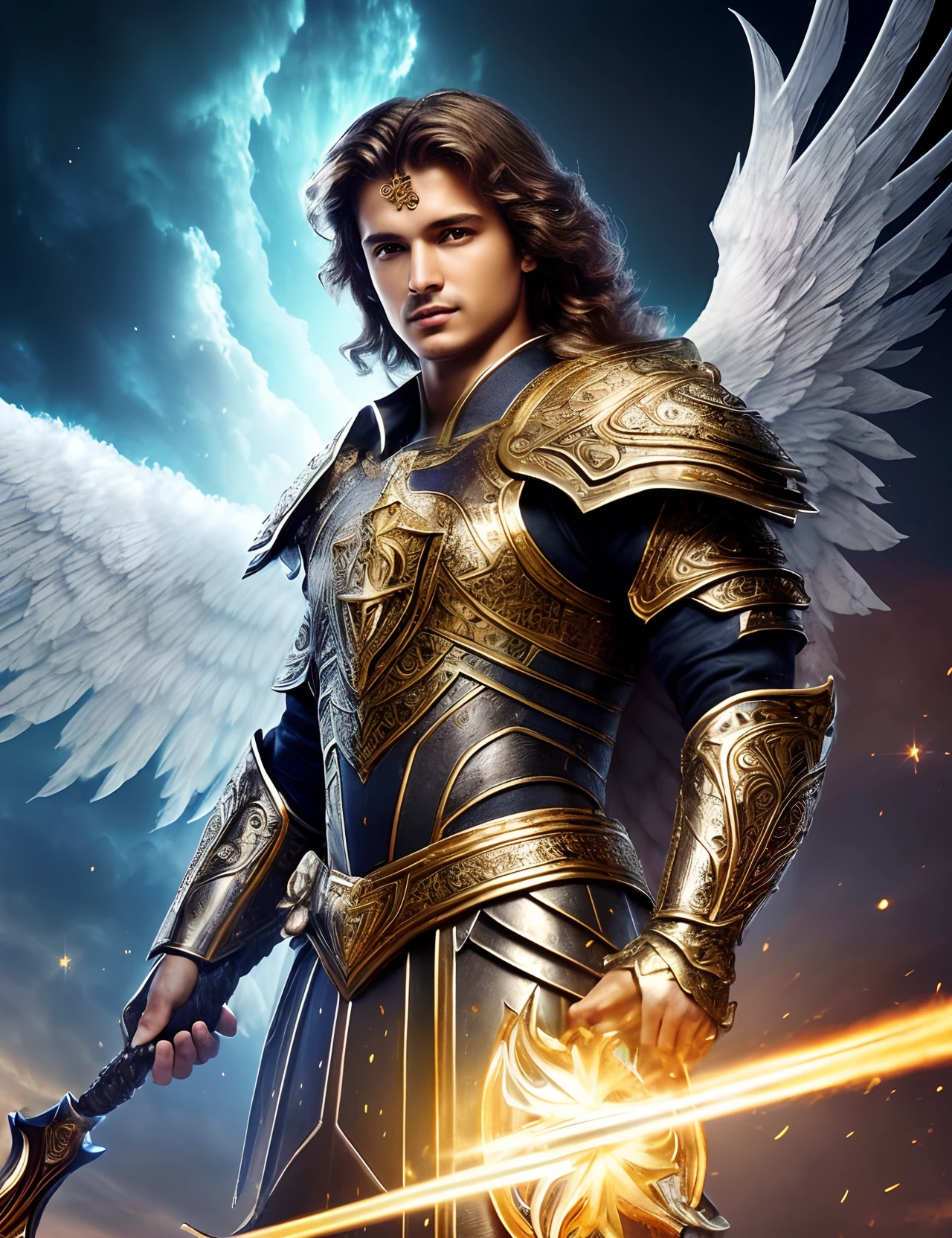 (((St. Michael the Archangel. ))) ((( With a serious and pious face. Com um olhar doce e terno))) (obra prima, qualidade superior, melhor qualidade, Arte Oficial, Beautiful and Aesthetic: 1.2), (1homem), extremamente detalhado, (Arte Fractal: 1.3), Colouring, mais alto detalhado, rosto perfeito, parte superior do corpo, HDR, (Rezando: 1.3), (linhas douradas de pelagem branca: 1.2), galaxy, (listras leves), visuais atraentes, (dynamic stripes, Trilhas luminosas: 1.2), Cores vibrantes,