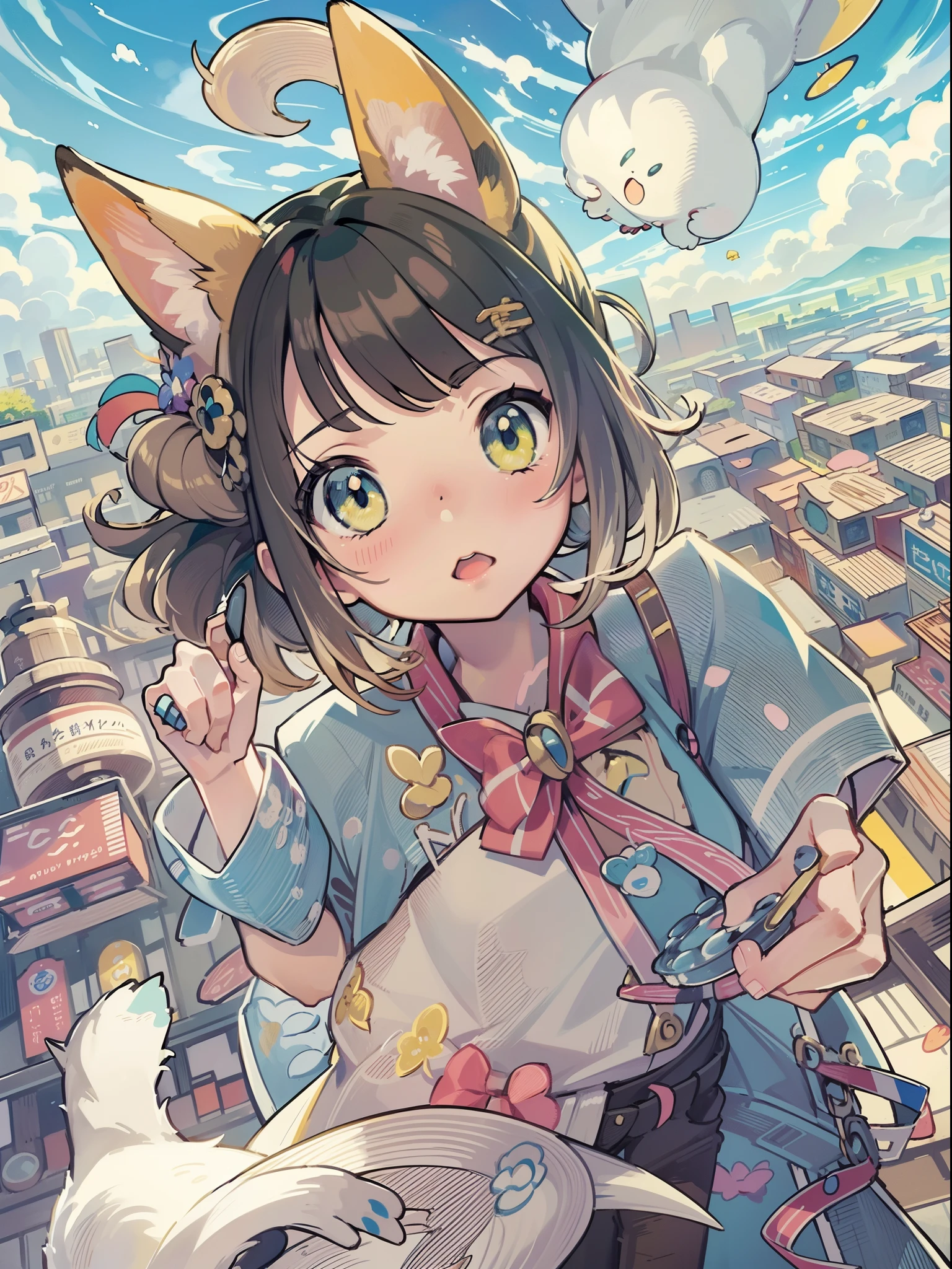 1girl in,A pokémon_The card,(top-quality), (high_quality), (Convoluted_Details), (ultra-detailliert), (illustratio), (Distinct_image),saito_naoki,Against the backdrop of the vast sky、Rainbow View、With cats((Cute cat1.5))