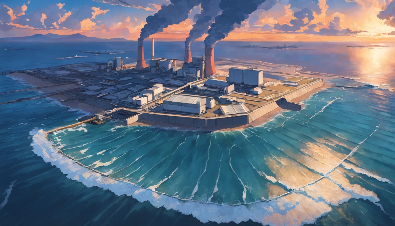 Depicting the appearance of the Fukushima nuclear power plant, Show the discharge outlet to dump contaminated water into the ocean. Emphasize the contrast between nuclear power plants and the vast sea