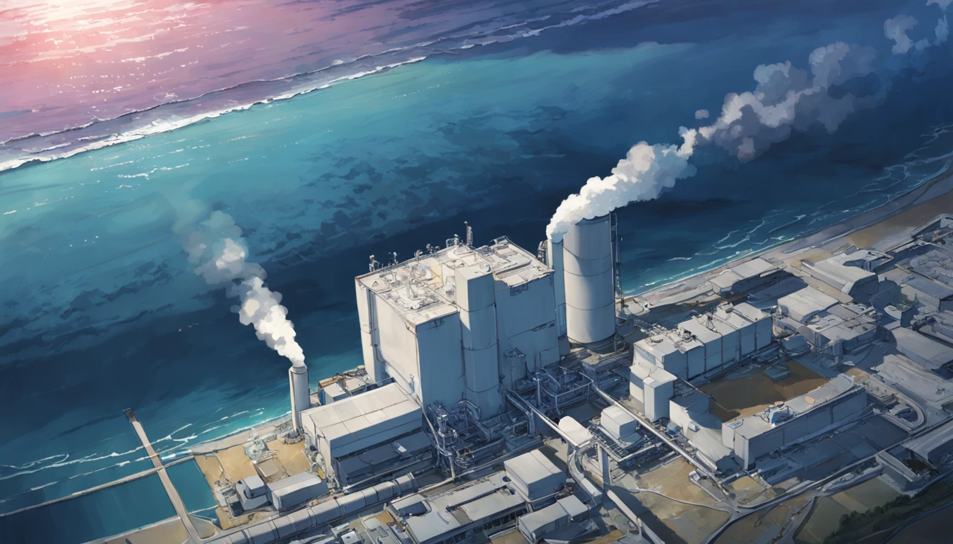 Depicting the appearance of the Fukushima nuclear power plant, Show the discharge outlet to dump contaminated water into the ocean. Emphasize the contrast between nuclear power plants and the vast sea