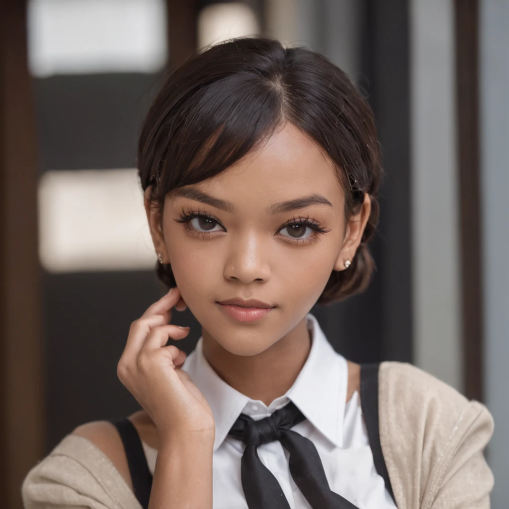 8K RAW photo, high resolution, 21 year old cool South african, big round breasts, school uniform, tie, tie ribbon, blazer, skirt, beautiful eyes in detail, long eyelashes, beautiful double eyelids, eye shadow, slit eyes,Rihanna, Lori Harvey, dark eye makeup, evil smile, beautiful thin legs, short hair gathered at the back, earrings, school classroom, black hair, short curly afro, smiling