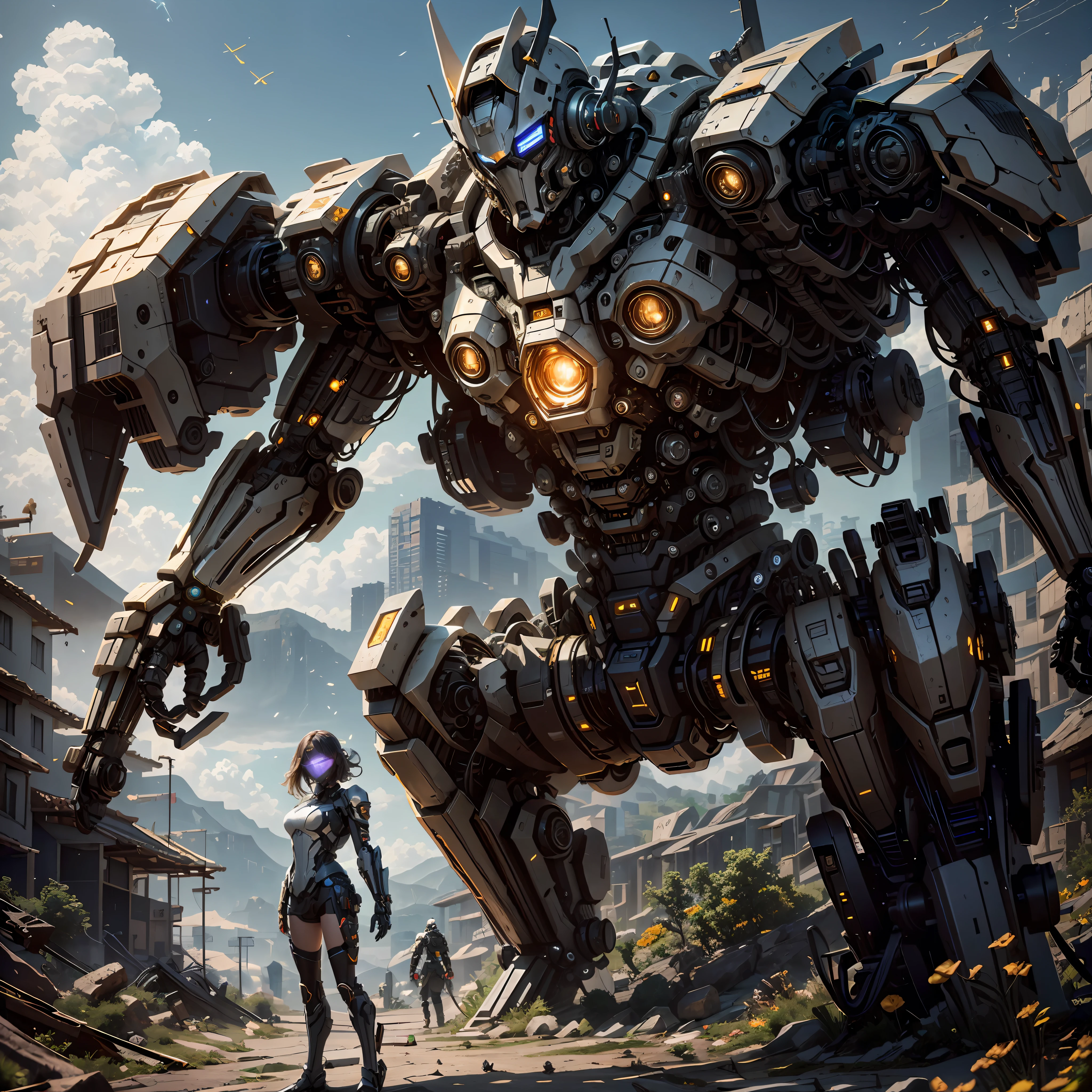 ((Best Quality)), ((Masterpiece)), (Very Detailed:1.3), 3D, Shitu-mecha, cyberpunk maskedman with his purple mech in the ruins of a city in the forgotten war, Ancient technology, HDR (High Dynamic Range), ray tracing, NVIDIA RTX, super resolution, unreal 5, subsurface scattering, PBR texture, post-processing, anisotropic filtering, depth of field, maximum sharpness and sharpness, multi-layer texture, albedo and highlight maps, surface shading, Accurate simulation of light-material interactions, perfect proportions, octane rendering, duotone lighting, low ISO, white balance, rule of thirds, wide aperture, 8K RAW, efficient sub-pixels, subpixel convolution, luminescent particles, light scattering, Tyndall effect