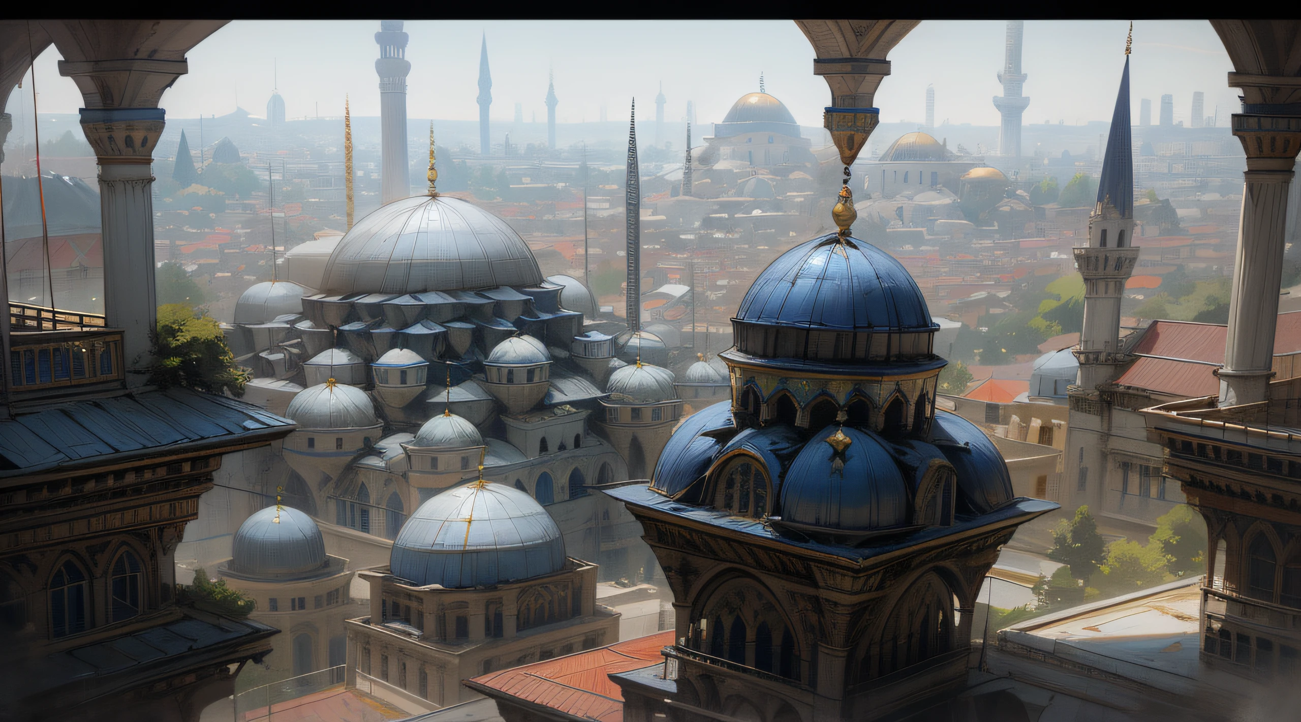 arafed view of a large building with a blue dome, istanbul, with beautiful mosques, mosque, ottoman sultan, turkey, surrounding the city, fallout style istanbul, islamic architecture, with great domes and arches, viewed from afar, black domes and spires, ottoman empire, in a city with a rich history, round buildings in background