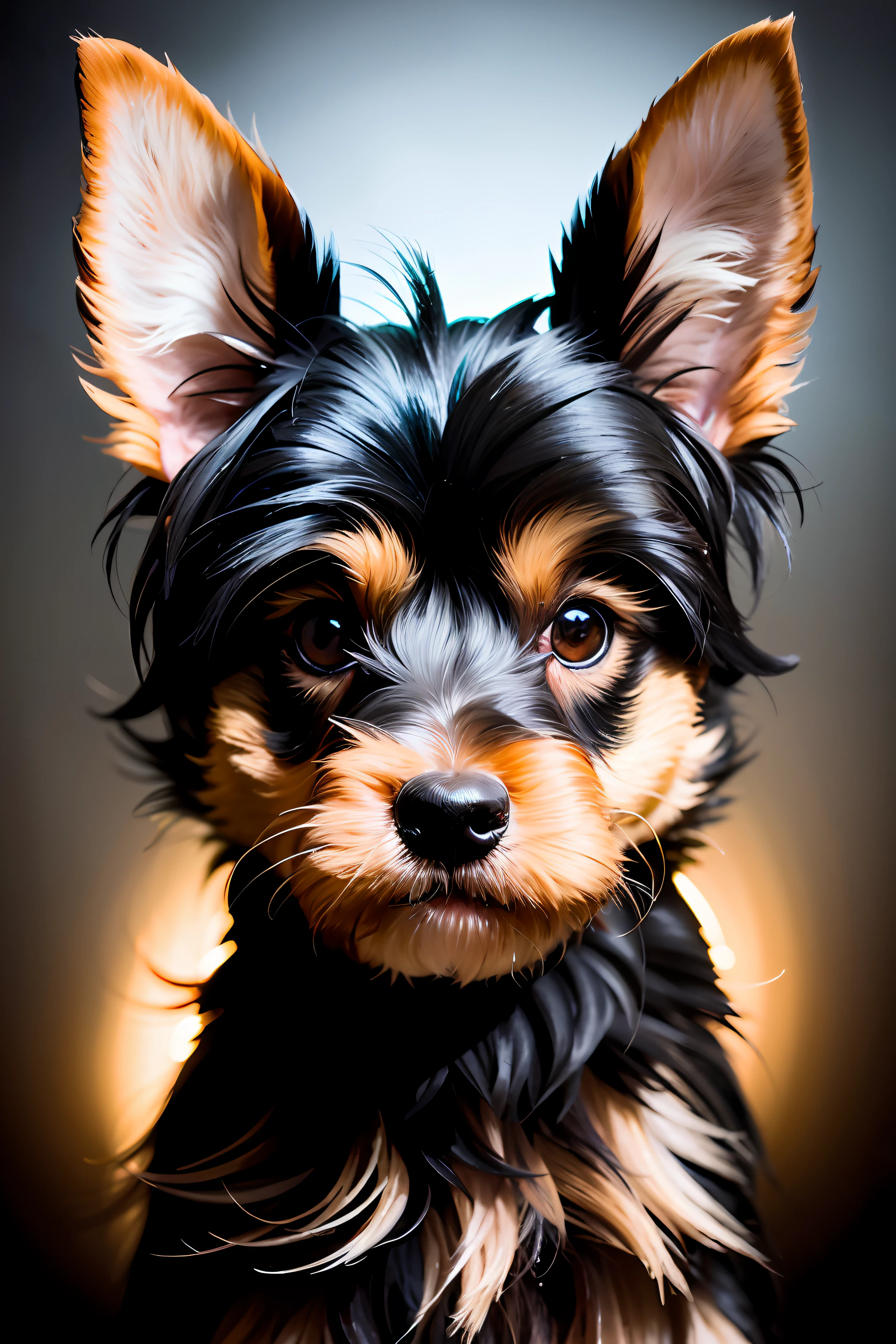 realistic portrait of a cute Yorkshire terrier dog
((black and beige color)) cute smile, ((funny)), black background dark lighting, yellow neon, close-up, product view, detailed facial details, perfect face, sharpness, trend in arts, sharp facial details, cgsociety, ultra high quality digital artwork, exquisite hyper detail, 4k, 8k soft lighting, dreamy --iso 100, fashion -