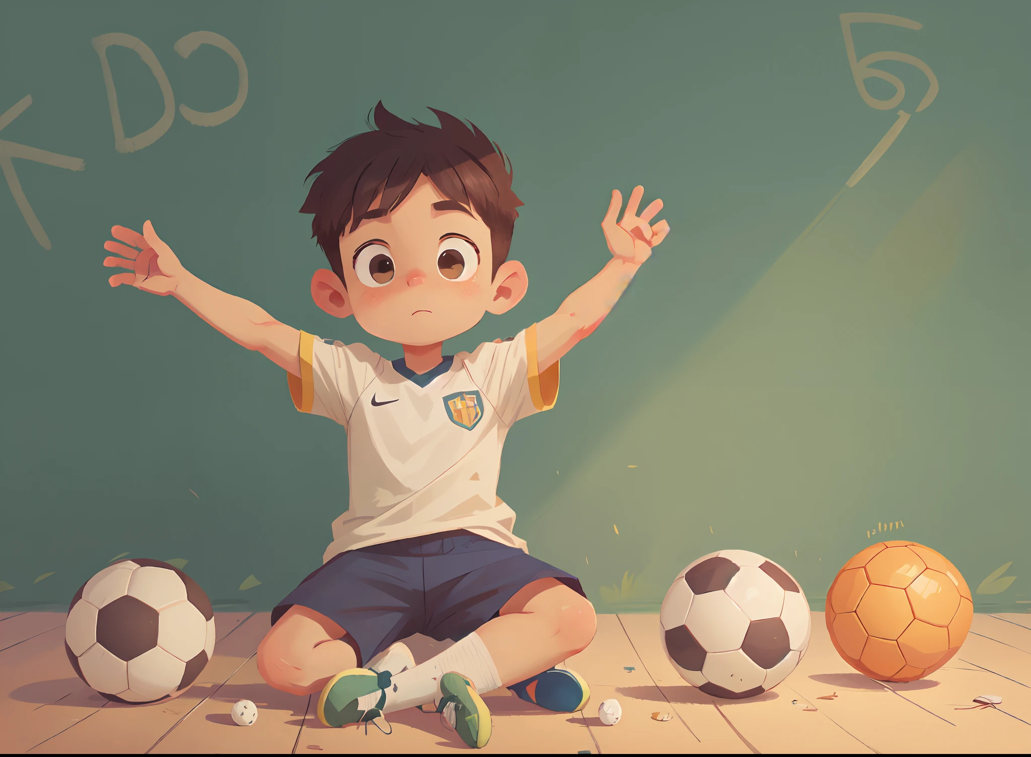 Cartoon boy sitting on the floor with a futbol ball, arte conceitual do solteiro, (wallpaper:1.2) Menino, arms raised upwards, ABS, musculatura aparente, ensolarado,
