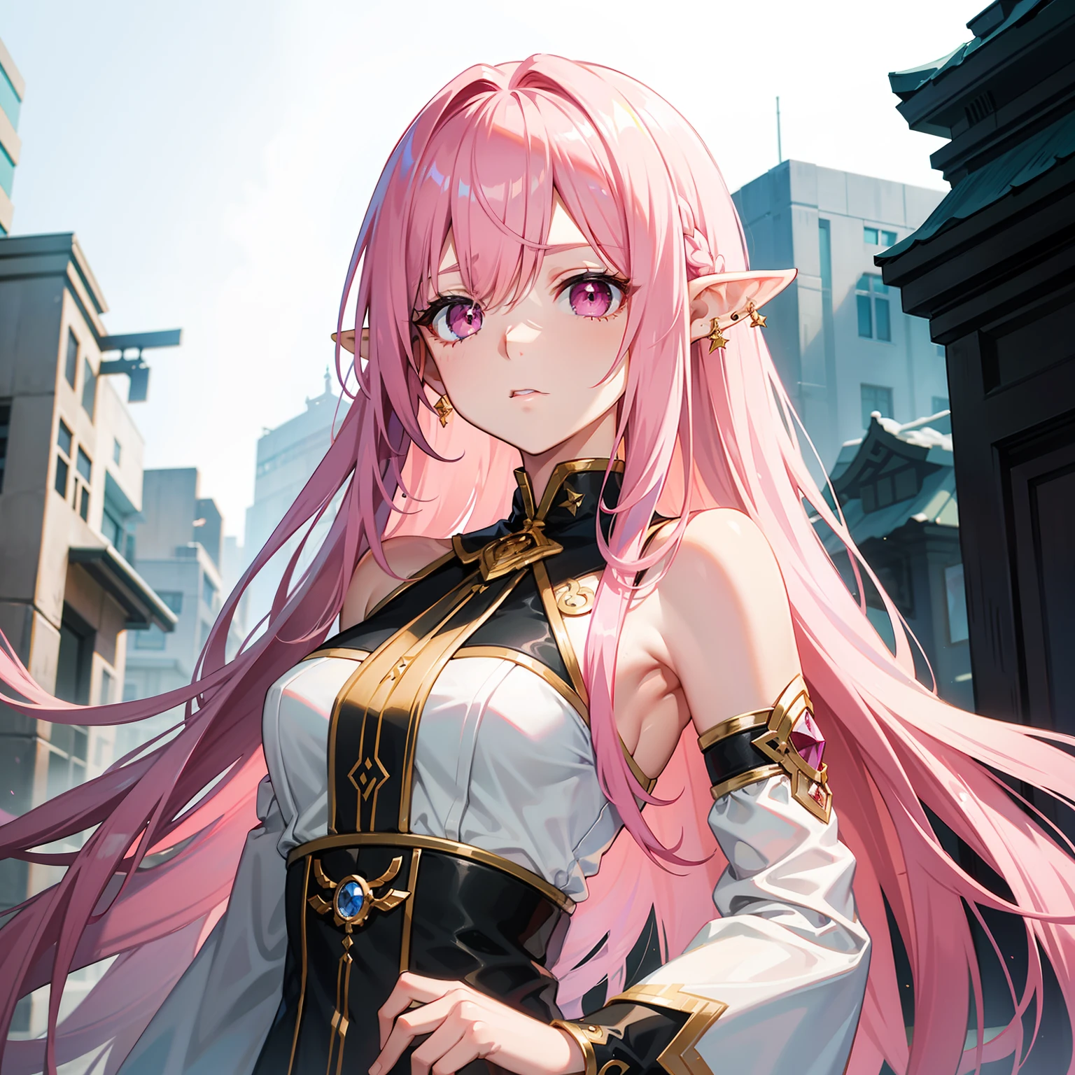 Pink hair,Heteropupil(The left eye is golden,Red right eye,)long whitr hair,elvish ears,Empty eyes。