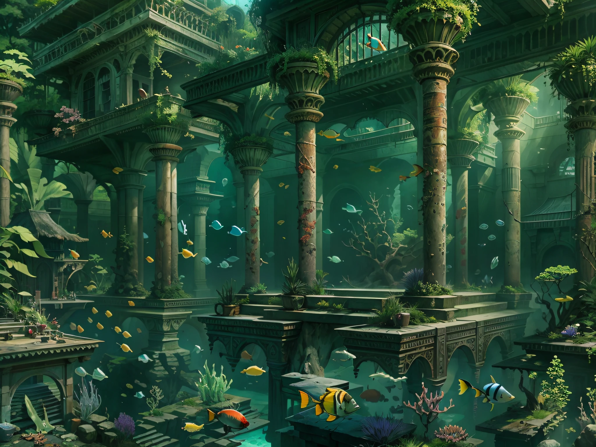distant underwater shot, lost civilization, exotic architecture, tropical fish, epic dark fantasy