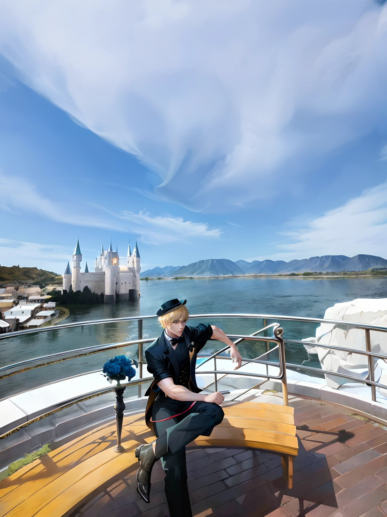 1boy, (man), manly body, anime, extremely detailed, hyper detailed, (broad shoulders), (PERFECT FACE), illustration, soft lighting, 2d, intricate, cowboy shot, detailed eyes, blonde hair, short hair, teal eyes, sexy, toned, black tuxedo, (outside), castle tower