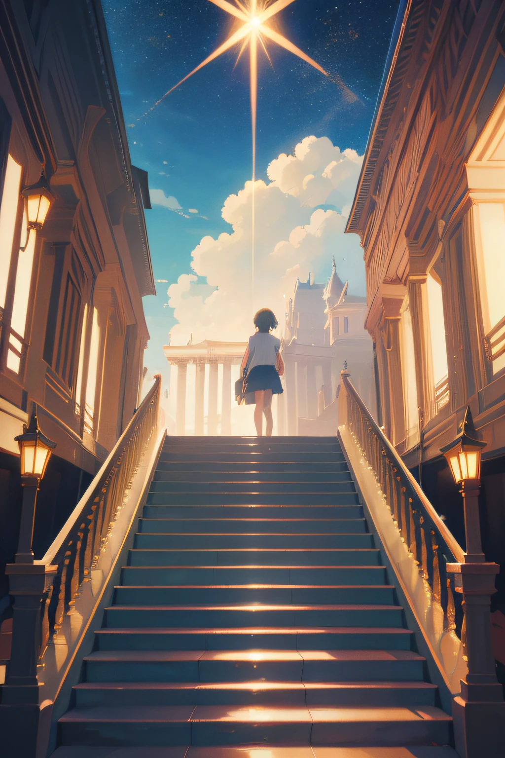In the style of Makoto Shinkai, superfine illustration, Best Quality, Generate an illustration of a staircase extending towards the sky, characterized by a sense of mystery and fantasy. The staircase should appear as if it leads all the way to heaven. The entire scene should exude a nostalgic and dreamlike ambiance, with the staircase glistening in golden hues against the backdrop of a radiant sky. The combination of the ethereal staircase and the resplendent sky should create an overall atmosphere that is both nostalgic and fantastical.