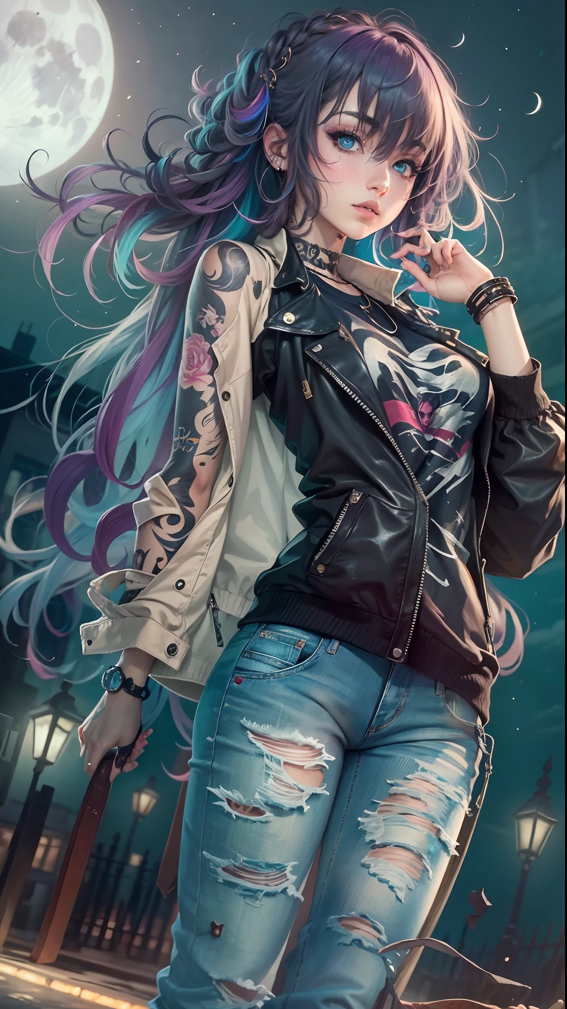 (masterpiece, best quality), 1girl, emo, beautiful hair, colorful hair, intricate jacket, jeans, magical tattoos, perfect night, moonlight, street