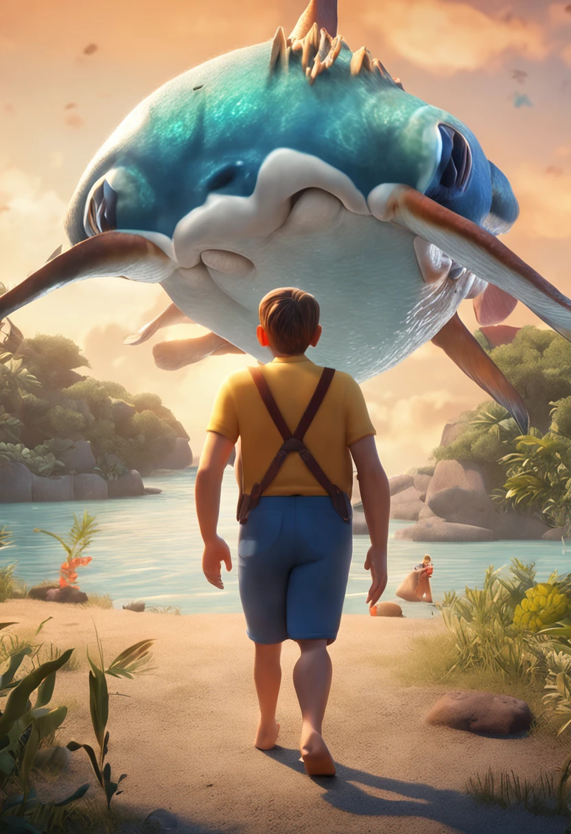 movie picture quality，style of disney animation，Disney animated films，A fat uncle swims in the sea with a koi in his arms，short detailed hair，Denim suspenders，The barefoot，depth of fields，high light，Real light，Ray traching，oc rendered，Hyper-realistic，best qualtiy，8K，Works of masters，super-fine，Detailed pubic hair，Correct anatomy，sharp focus on eyes，Bokeh，Facial features are carefully depicted