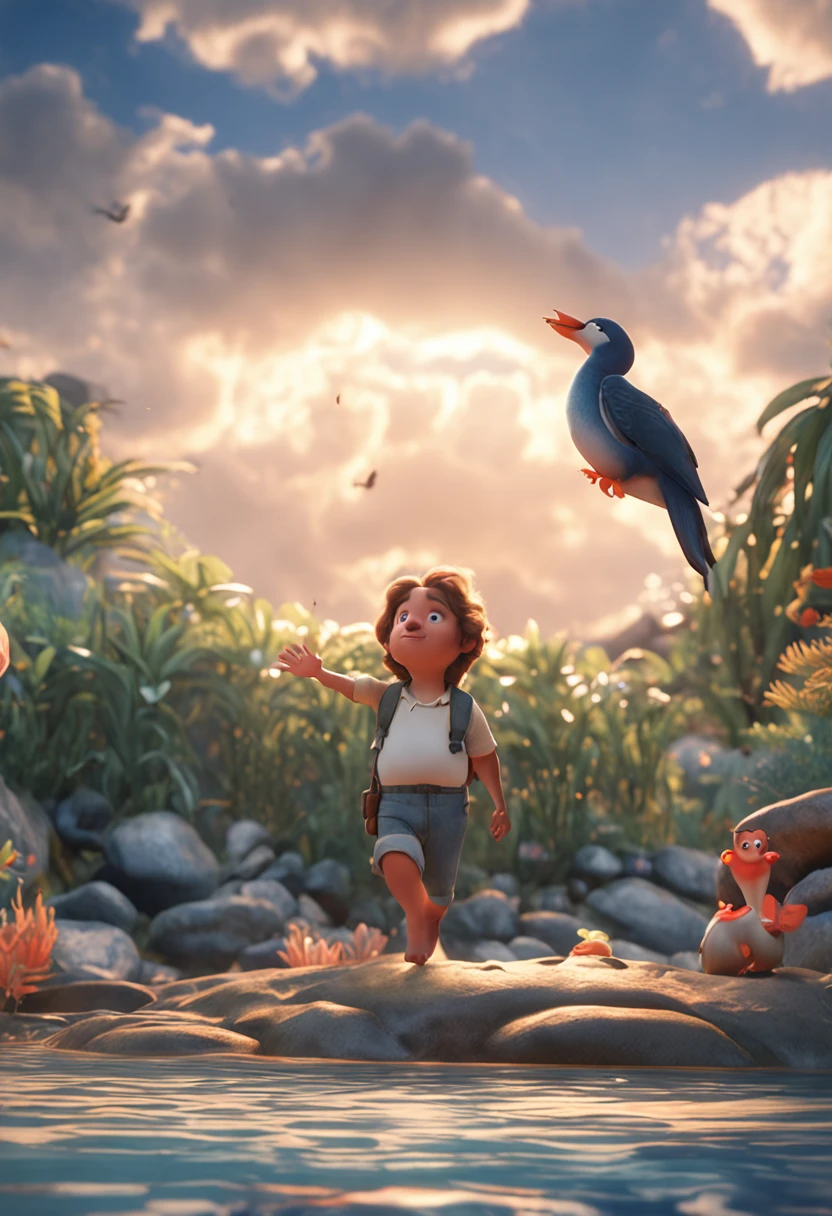 movie picture quality,style of disney animation,Disney animated films,A fat uncle swims in the sea with a koi in his arms,short detailed hair,Denim suspenders,The barefoot,depth of fields,high light,Real light,Ray traching,oc rendered,Hyper-realistic,best qualtiy,8K,Works of masters,super-fine,Detailed pubic hair,Correct anatomy,sharp focus on eyes,Bokeh,Facial features are carefully depicted