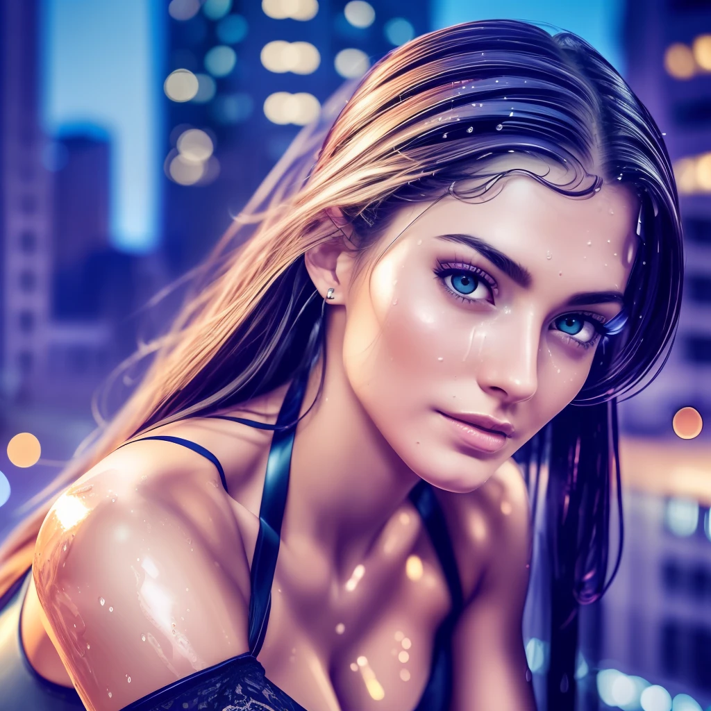 Full face portrait photo of a 23-year-old European girl, RAW, beautiful woman, half-open strawberry lips, dimples, wistful look, (extra long straight brown hair), ((detailed face)), ((detailed facial features)), (finely detailed skin), pale skin, (in a deep neckline highly detailed sexy lingerie, the megacity cyberpunk environment, neon lights, skyscrapers), (shirtless), ((in the gym)), soft natural light, wet skin, cyberpunk megacity environment, (cool colors), damp, reflections, (masterpiece) (perfect aspect ratio), (realistic photo), (best quality), (detailed) photographed on a Canon EOS R5, 50mm lens, F/2.8, HDR, (8k) (wallpaper) (cinematic lighting) (dramatic lighting) (sharp focus) (intricate), RAW photo, RAW photo, gigachad photo, posing for camera, black jeans, arms behind, 8k uhd, dslr, high quality, film grain, Fujifilm XT3, extremely detailed, photorealistic, realistic, incredibly absurd, highly detailed, sharp focus, (Professional Studio Lighting), (Professional Color Grading), Edge Lighting, Dramatic lighting, Cinematic lighting, Lumen reflections, Soft natural lighting, Soft color, Photon mapping, Radiosity, (Beautiful eyes), (Detailed eyes), (Detailed face), symmetrical eyes, sharp eyes, cold face, full body), beautiful and sexy woman, thin waist, (strong body and fitness), (((HIGH LEVEL OF DETAIL))), (((look at the viewer))), (((massive breast))), ((wet, oil-lubricated))), ((athletic body)), ((sweaty)). --auto --s2