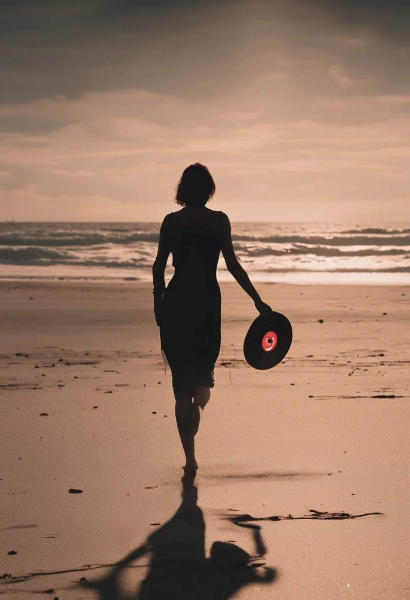 a shadow of a girl are walking on the beach holding hands and holding a frisbee, burning scene in the background, dark. no text, the most beautiful scene, movie frame still, rotoscoped, with a spooky filter applied, 2d, 2 d, fires glow lonely, movie still frame, in this ominous scene, on a beach, tumblr, gif, very realistic film still