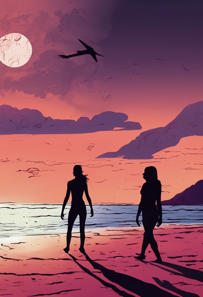 a shadow of a girl are walking on the beach holding hands and holding a frisbee, burning scene in the background, dark. no text, the most beautiful scene, movie frame still, rotoscoped, with a spooky filter applied, 2d, 2 d, fires glow lonely, movie still frame, in this ominous scene, on a beach, tumblr, gif, very realistic film still