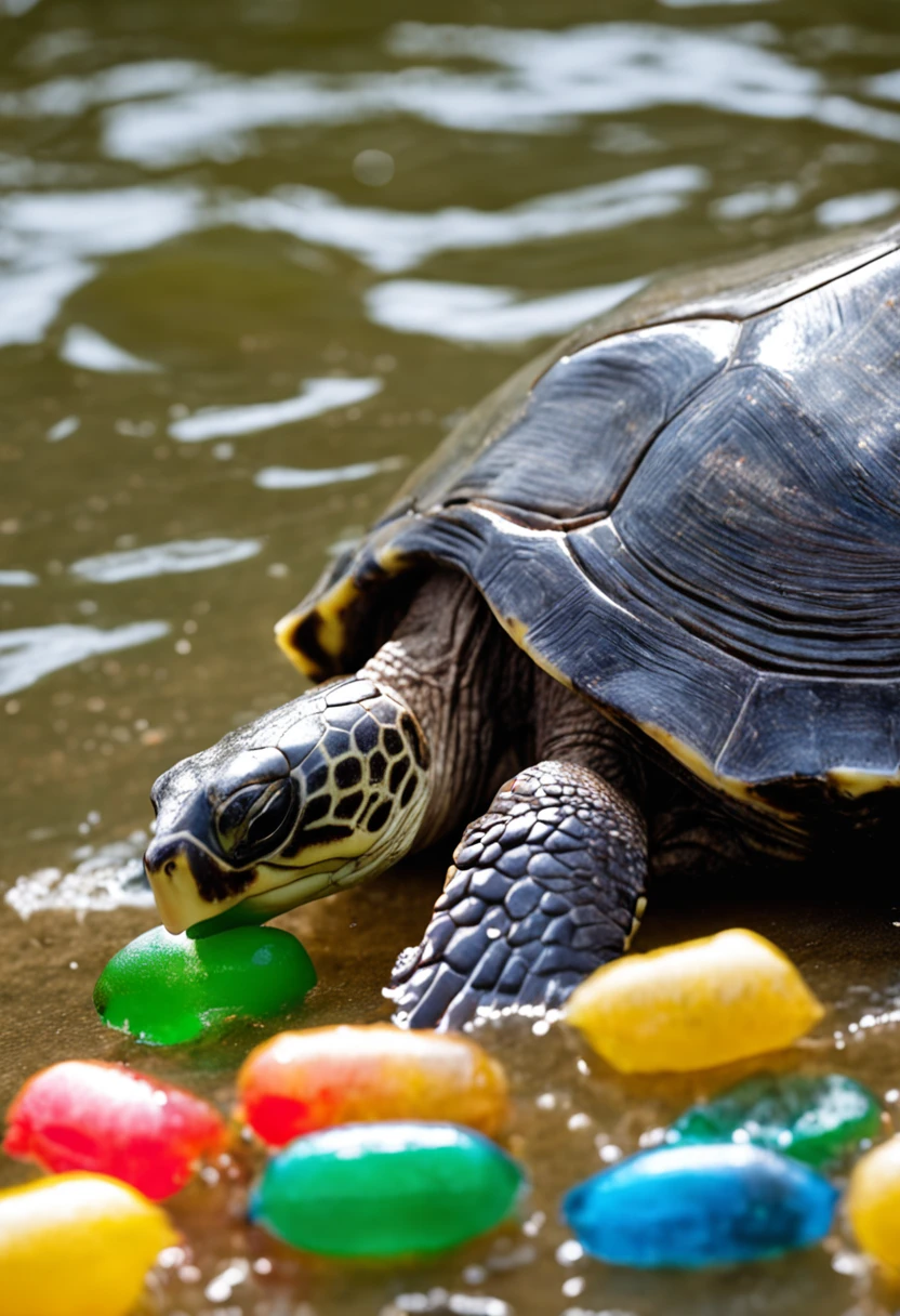 animal - turtle eating plastic, nadando no oceano, recife de corais