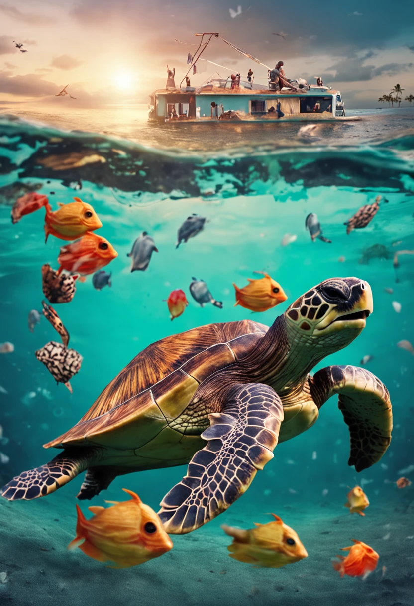 animal - turtle eating plastic, nadando no oceano, recife de corais