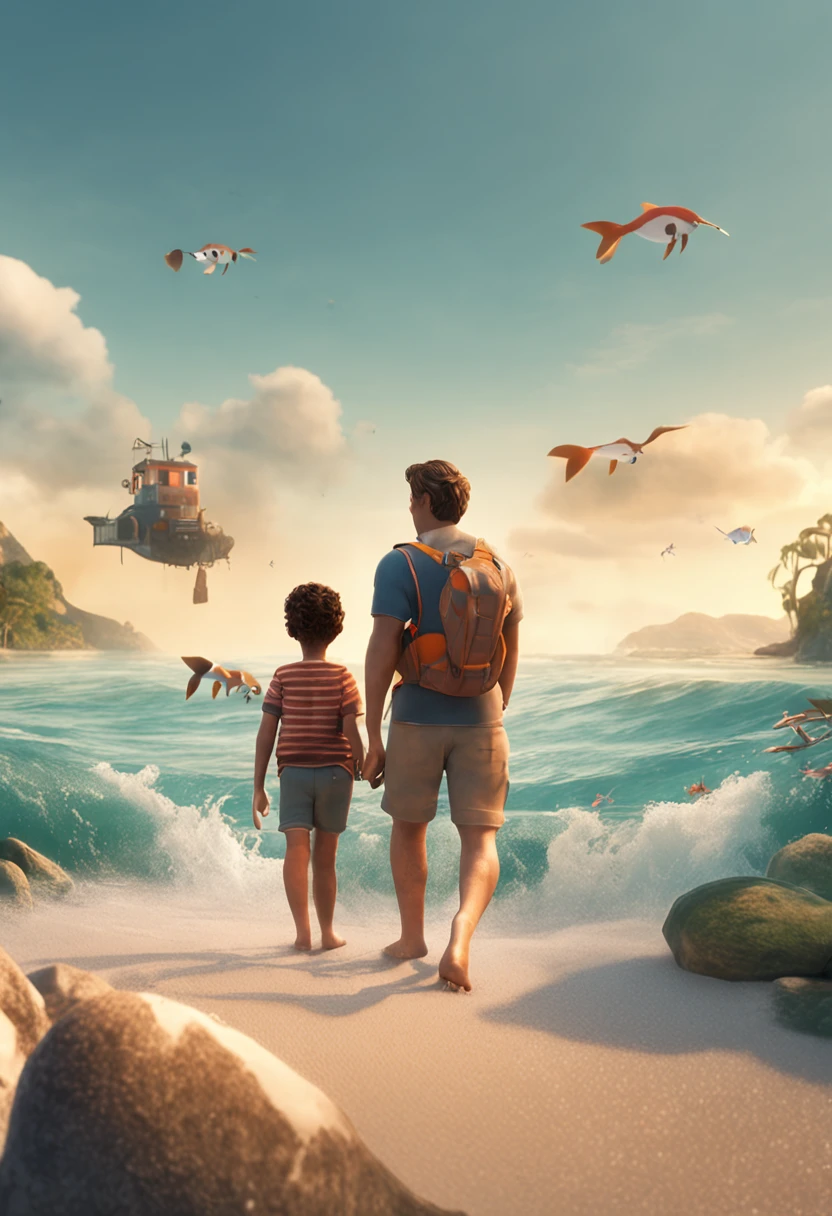 movie picture quality，style of disney animation，Disney animated films，A fat uncle swims in the sea with a koi in his arms，short detailed hair，Denim suspenders，The barefoot，depth of fields，high light，Real light，Ray traching，oc rendered，Hyper-realistic，best qualtiy，8K，Works of masters，super-fine，Detailed pubic hair，Correct anatomy，sharp focus on eyes，Bokeh，Facial features are carefully depicted，Close-up