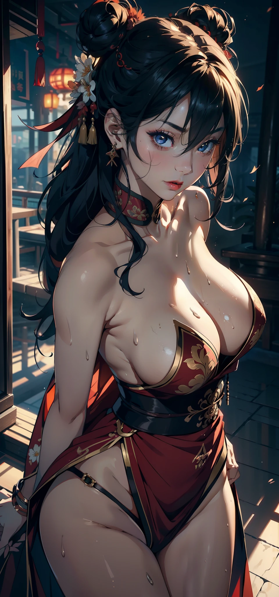 1female,36 years old,熟妇,mature,Bigchest,Big breasts Thin waist,long leges,Raised sexy,Pornographic exposure, 独奏,(Background with:Chinese restaurant) She has short black hair,standing on your feet,Sweat profusely,drenched all over the body,seen from the front, hair straight, mostly cloudy sky,(((tmasterpiece),(Very detailed CG unity 8K wallpaper),best qualtiy,cinmatic lighting,detailed back ground,beatiful detailed eyes,Bright pupils,(Very fine and beautiful),(Beautiful and detailed eye description),Black eyes,Redlip,ultra - detailed,tmasterpiece,)),facing at camera,(The upper part of the body),A high resolution,ultra - detailed),revealing breasts,Bare genitalia, Bulge,legs are open,sexyposture,Camel toes,Flushed complexion,Open-mouthed,frontage,Floral headdress,double bun hair(Wearing:Red transparent court robes,dynamicposes)