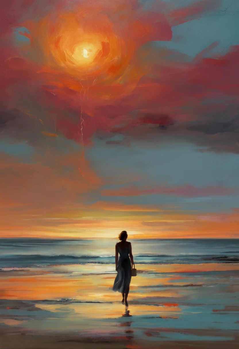 a girl are walking on the beach holding hands and holding a frisbee, burning scene in the background, dark. no text, the most beautiful scene, movie frame still, rotoscoped, with a spooky filter applied, 2d, 2 d, fires glow lonely, movie still frame, in this ominous scene, on a beach, tumblr, gif, very realistic film still