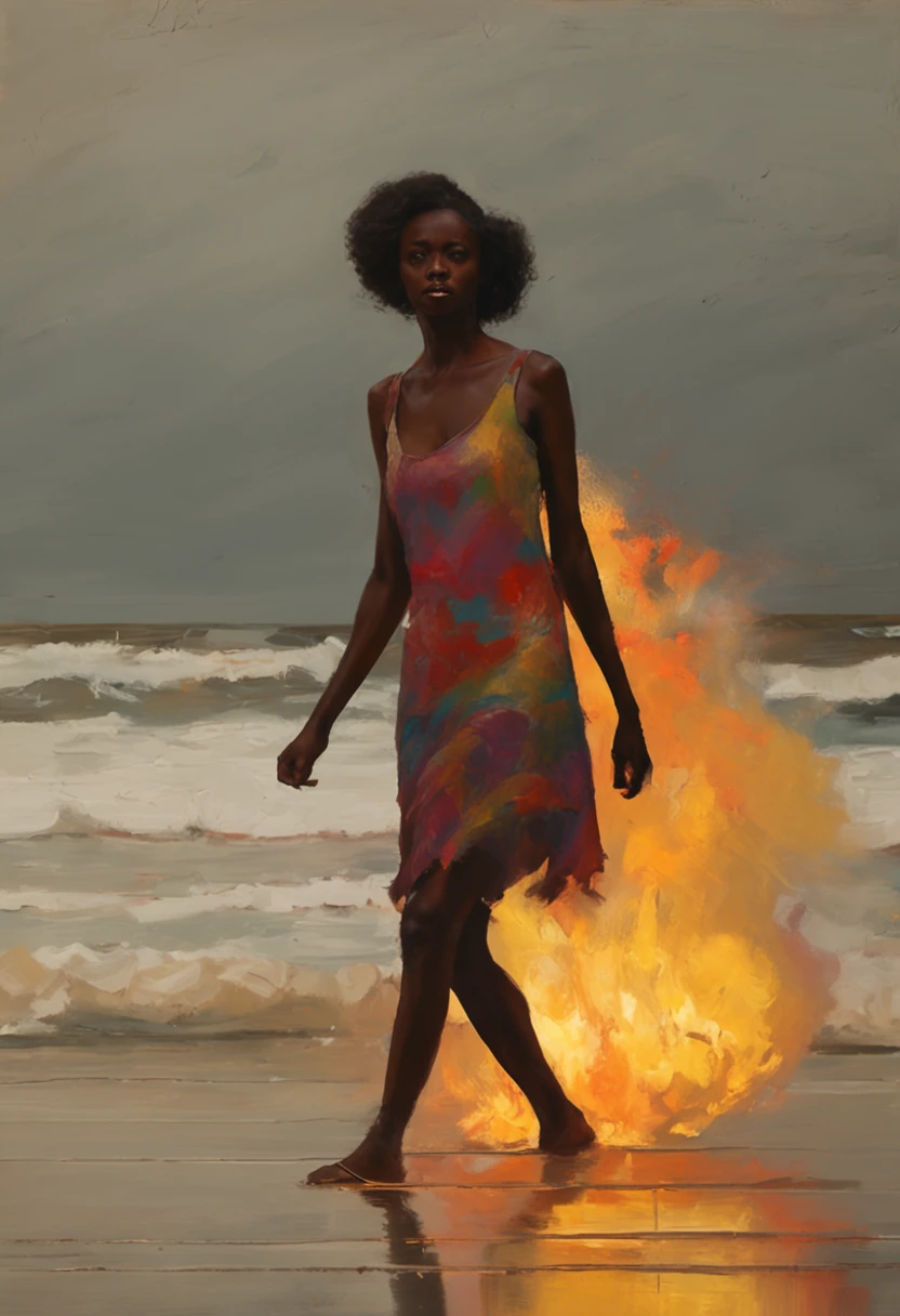 a girl are walking on the beach holding hands and holding a frisbee, burning scene in the background, dark. no text, the most beautiful scene, movie frame still, rotoscoped, with a spooky filter applied, 2d, 2 d, fires glow lonely, movie still frame, in this ominous scene, on a beach, tumblr, gif, very realistic film still