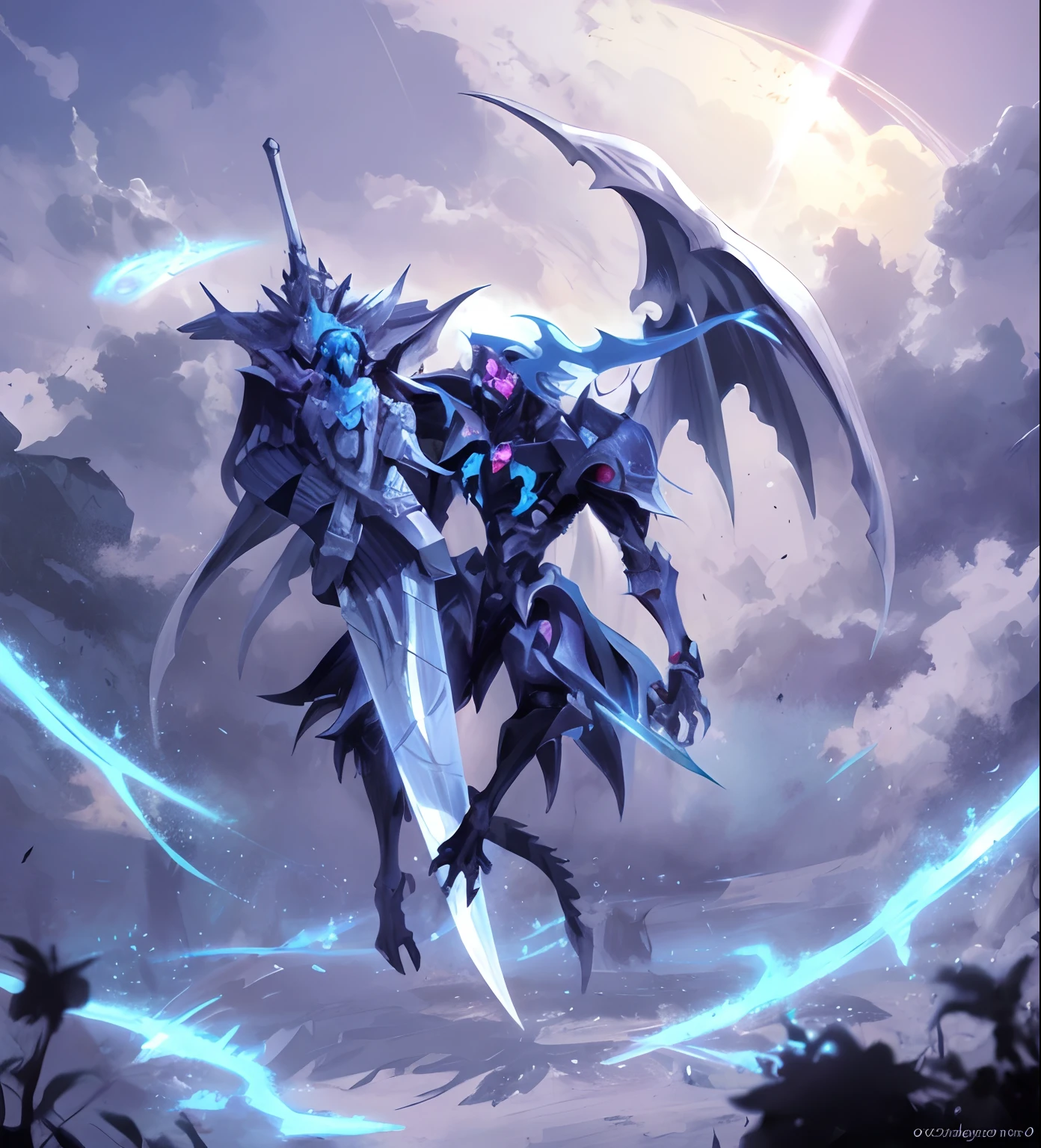 Un primer plano de una persona sosteniendo una espada en un cielo nublado, Drakengard, battle between angels and demons, Epic Anime Fantasy, Hermoso dios masculino de la muerte, Eros and Thanatos, Ilustraciones de Yugioh, Claymore, anime epic artwork, nge dark fantasy, Caballero Demonio de la Muerte, Dios de la muerte, Segador de Noche!!!!, Epic anime