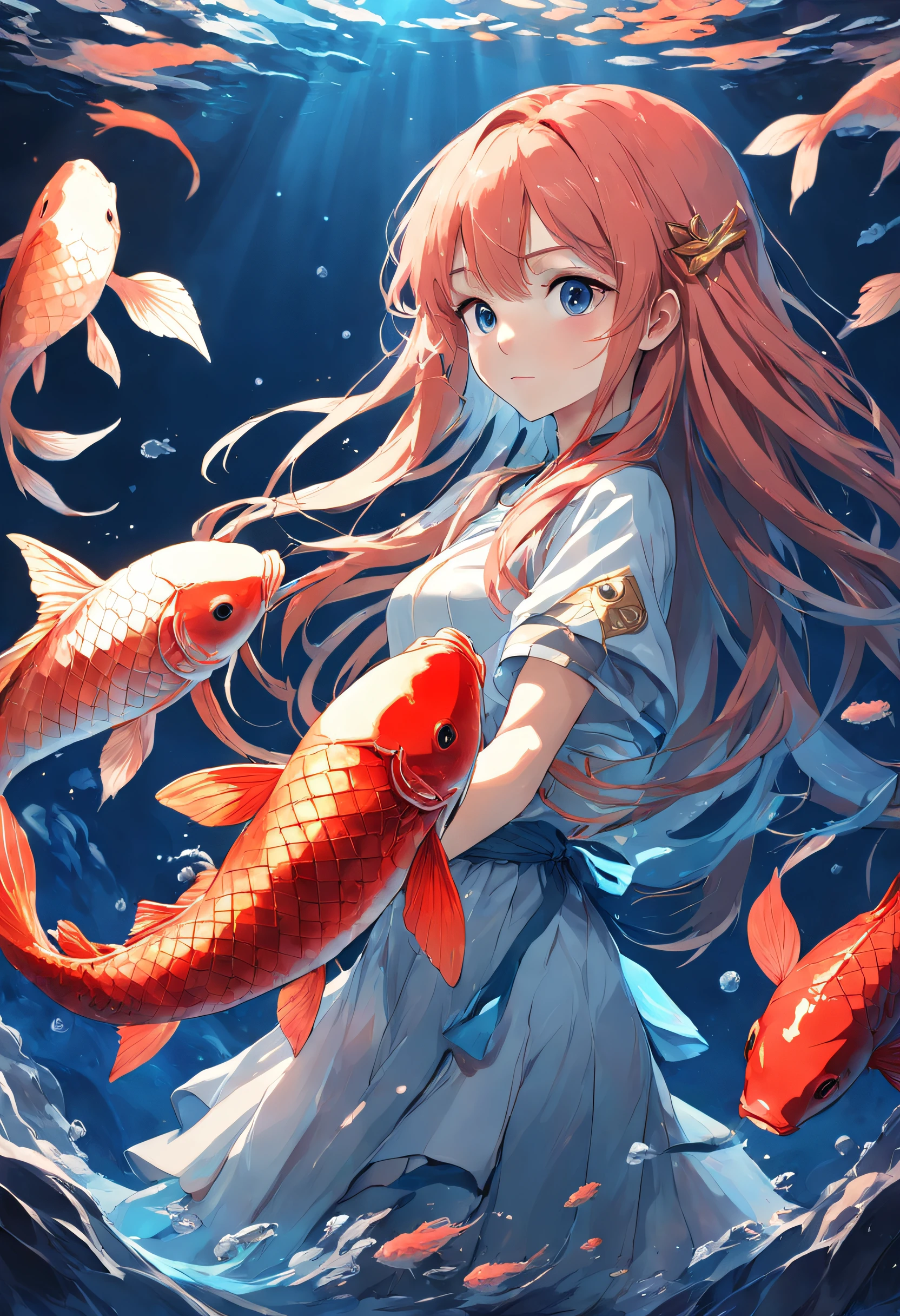In the deep sea, A long-haired girl holds a koi fish in her arms,Ultra-clear,2D,Emphasize red and blue,Golden section