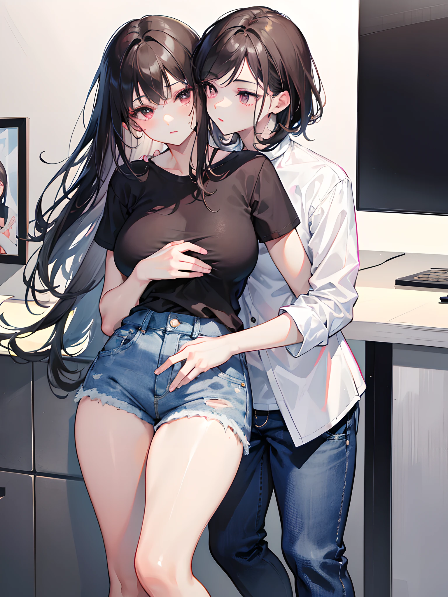 1 Asian woman, long wavy dark brown hair, gray eyes, beauty mark on her left cheek, fair skin, full pink lips, slim curvy body, wearing plain white dress shirt, denim shorts, 1 Mexican man, textured men's hair cut and low drop fade, dark brown striking eyes, beauty mark under his right eye, very light tan skin, athletic muscular lean body, wearing plain black shirt, denim jeans, city, absurdres, high res, ultrasharp, 8k, masterpiece, looking into each others eyes while in a loving embrace