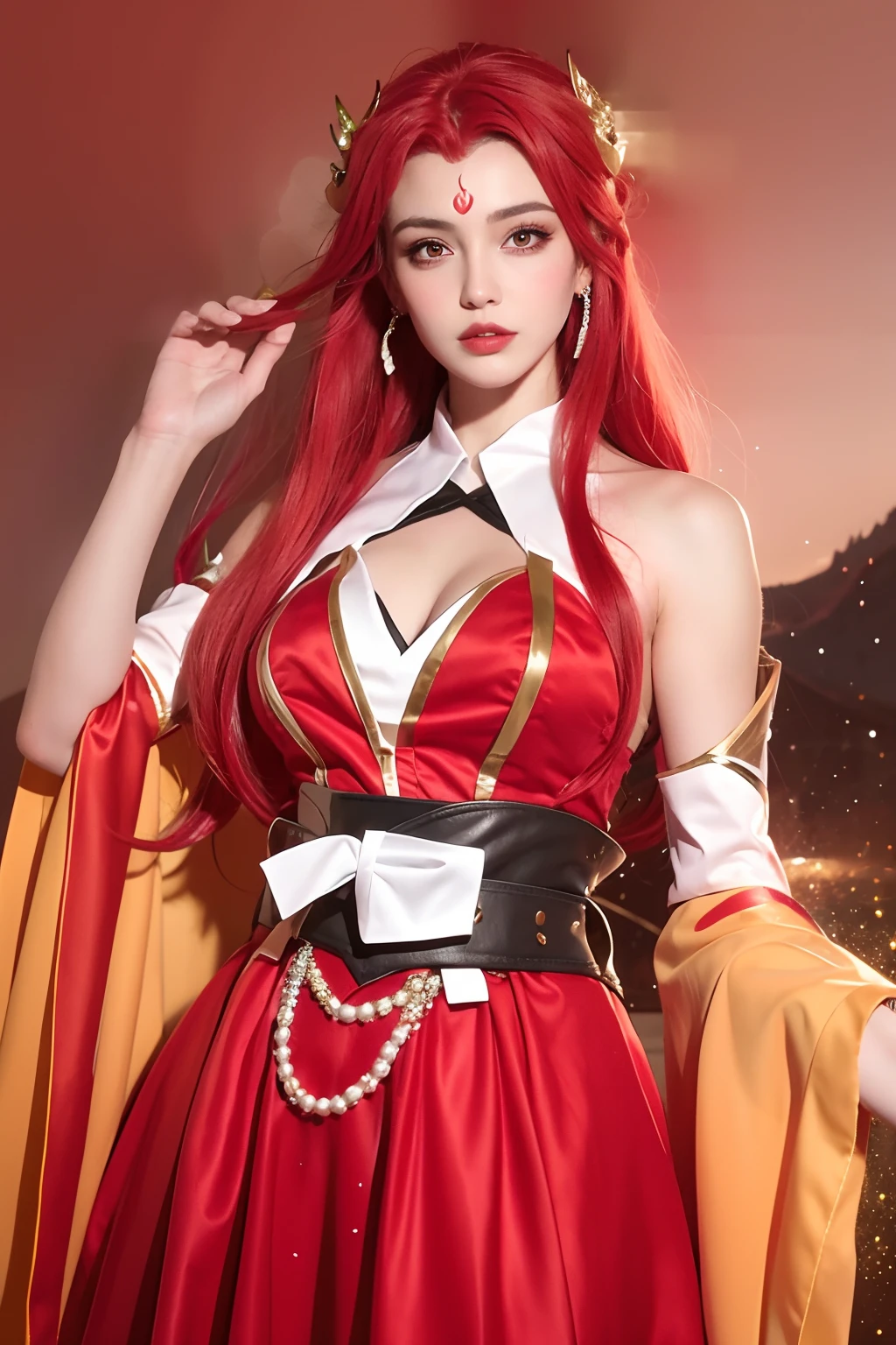 Girl, young and beautiful, tall and beautiful, fair face, perfect features, tall and beautiful, fair skin, good figure, heroic and valiant, heroic and valiant, wearing ancient Chinese armor, female general, Chinese landscape background, standing on the top of the mountain, 500 years ago, starry night, realistic, detailed, 8k, mix4,   red_dress,starry sky, fire, red hair, solo, hair ornament, long hair, red eyes, jewelry, earrings, dress, bare shoulders, red lips, upper body, white background, facial mark, crescent, lipstick, forehead mark, looking at viewer