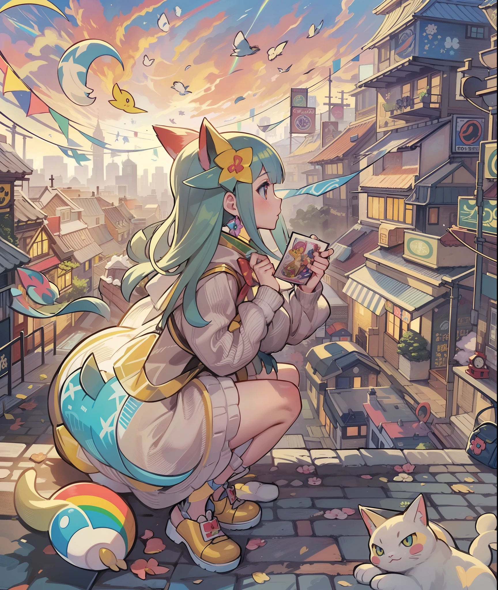 1girl in,A pokémon_The card,(top-quality), (high_quality), (Convoluted_Details), (ultra-detailliert), (illustratio), (Distinct_image),saito_naoki,city scenery、Rainbow View、With cats((Cute cat1.5))