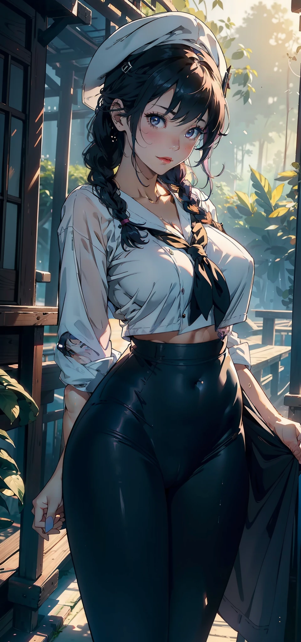 1female，25 age old，Large breasts，long leges，Big breasts Thin waist，Pornographic exposure， 独奏，（Background with：ln the forest，the rainforest，in summer） She has short purple hair，standing on your feet，Sweat profusely，drenched all over the body，seen from the front， Twist braids， mostly cloudy sky，（（（tmasterpiece），（Very detailed CG unity 8K wallpaper），best qualtiy，cinmatic lighting，detailed back ground，beatiful detailed eyes，Bright pupils，（Very fine and beautiful），（Beautiful and detailed eye description），ultra - detailed，tmasterpiece，）），facing at camera，A high resolution，ultra - detailed），revealing breasts，Bare genitalia， Bulge，Camel toes，Raised sexy，Flushed complexion，Open-mouthed，frontage，Big high school girl，Sailor's cap（Wearing：a sailor suit，Black leggings，Cloak）nakeness，high-heels