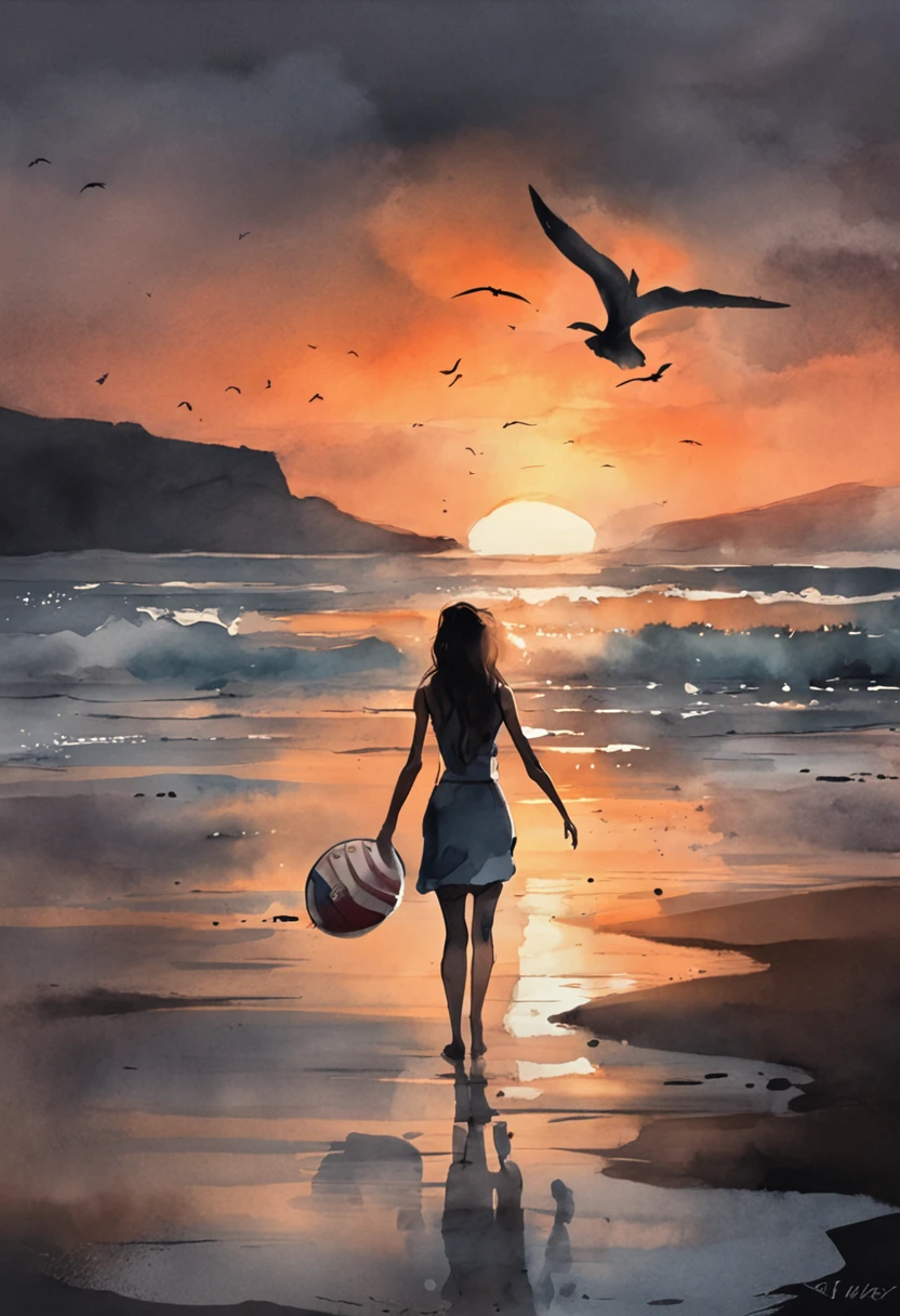 a girl are walking on the beach holding hands and holding a frisbee, burning scene in the background, dark. no text, the most beautiful scene, movie frame still, rotoscoped, with a spooky filter applied, 2d, 2 d, fires glow lonely, movie still frame, in this ominous scene, on a beach, tumblr, gif, very realistic film still
